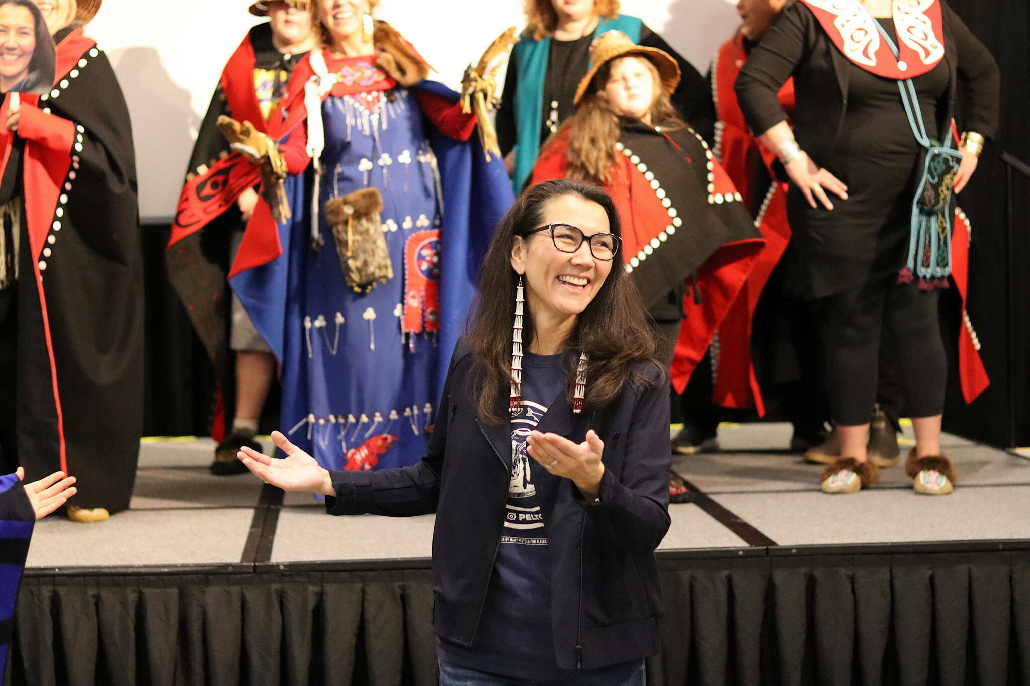 U.S. Rep. Mary Peltola, D-Alaska, dances with others during a campaign event Oct. 24, 2022, at Elizabeth Peratrovich Hall. Peltola, who announced Monday she is seeking a second full term, is scheduled to make a campaign stop in Juneau on Friday. (Mark Sabbatini / Juneau Empire)