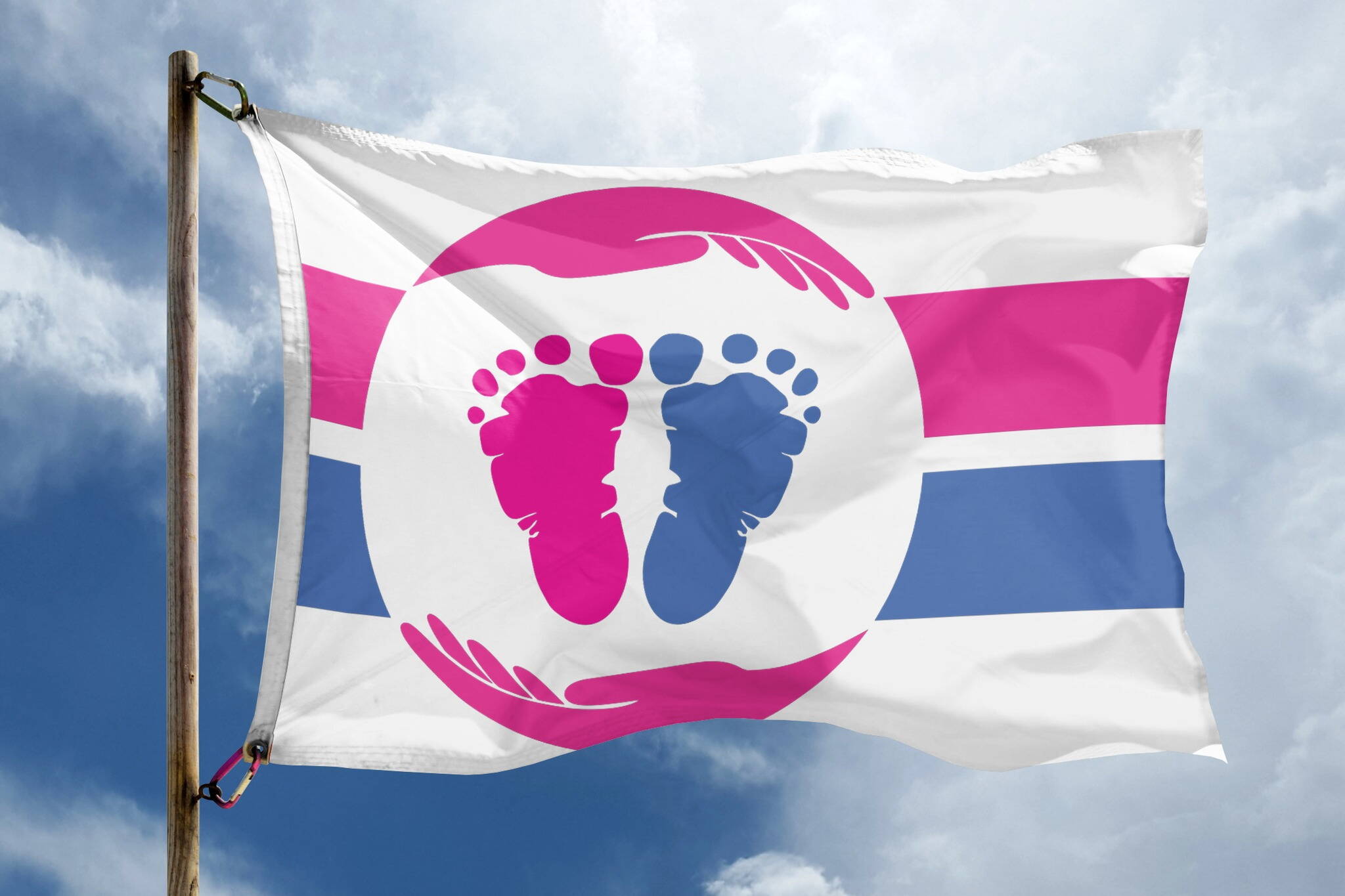 A pro-life flag, selected in a design contest, is being flown at some government buildings and other locations, sometimes as a counterstatement to Pride and other flags seen as politically oriented. A flag with the design is currently flying below the official Alaska State Flag at the Governor’s Residence after being hoisted there in recent days. (Photo by The Pro-Life Flag Project)