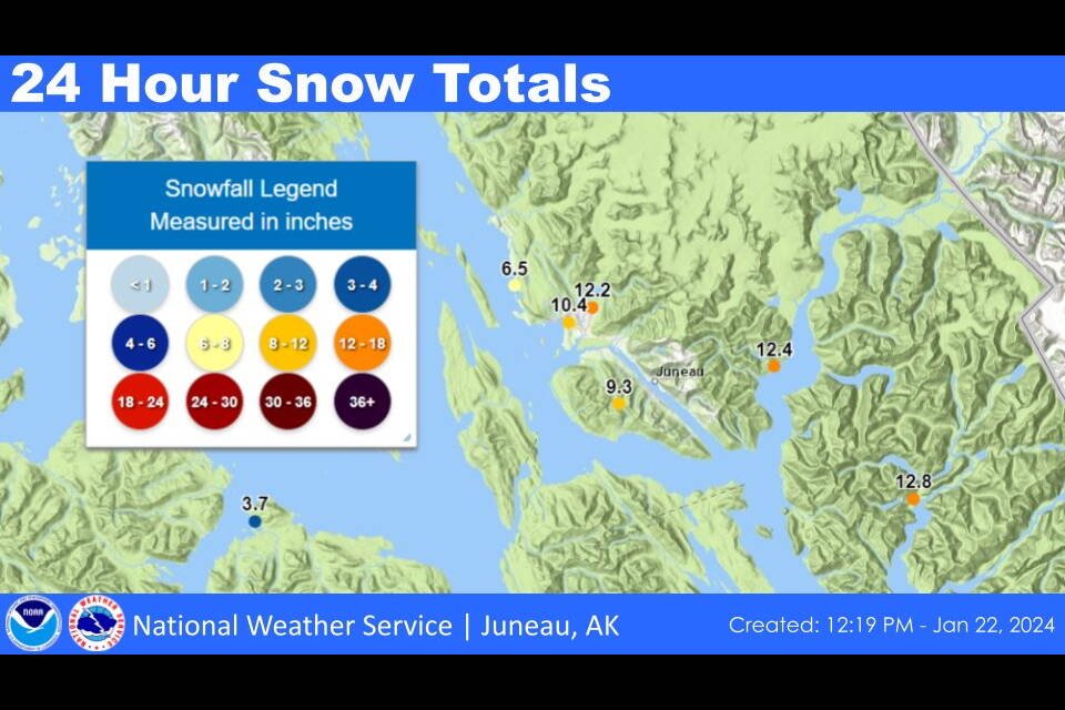 Local snow totals between midday Sunday and midday in Southeast Alaska are shown in a National Weather Service Juneau map. (National Weather Service Juneau)
