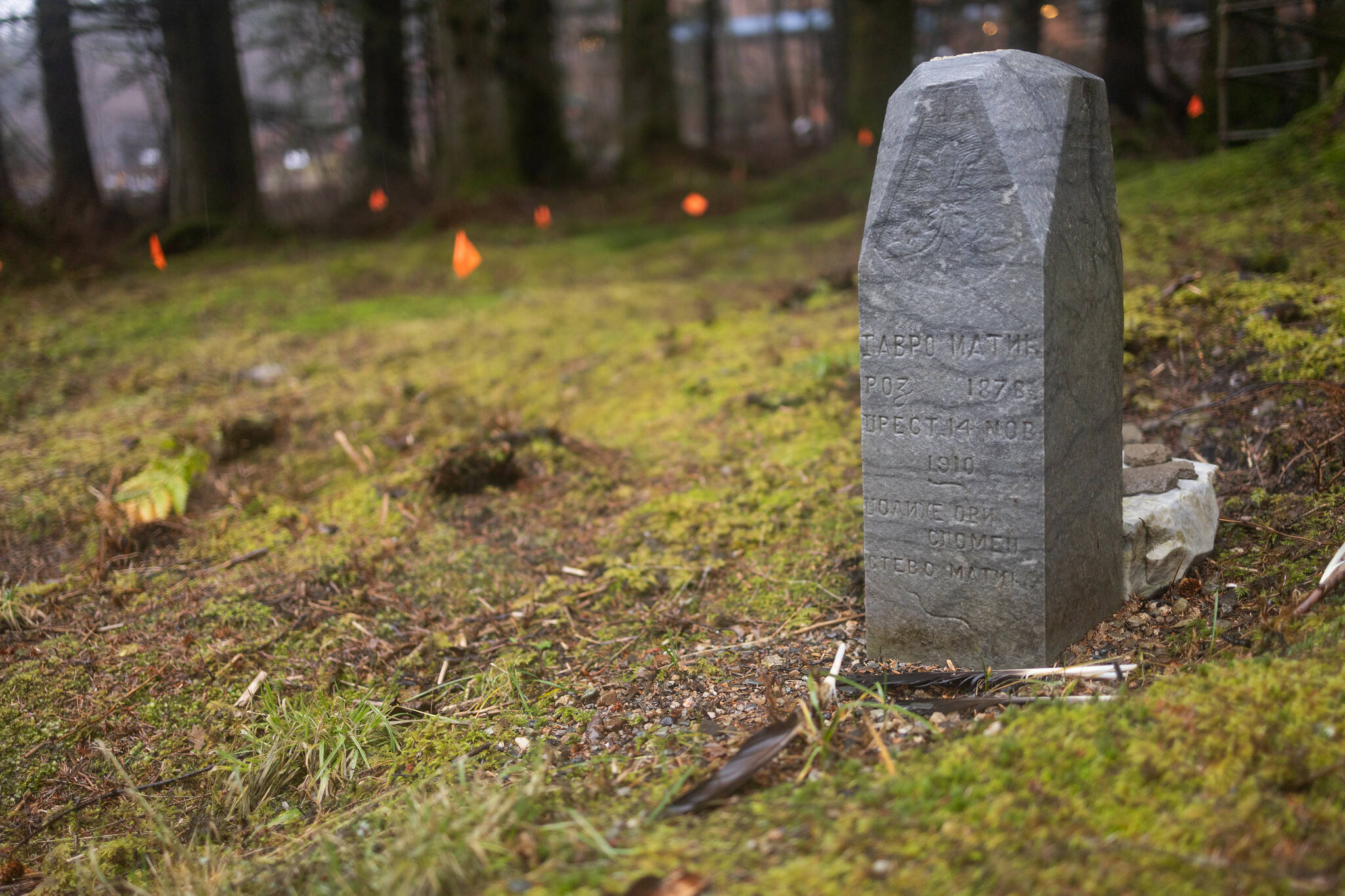 Jamiann Hasselquist, HTL coalition, and others have partnered on the rehabilitation of a series of cemeteries that contained many undocumented graves prior to the project. The group has cleared brush and raised gravestones, and has requested that the City and Borough of Juneau take on the maintenance of this important and sacred resting space. (Photo by Ḵaa Yahaayí Shkalneegi Muriel Reid)