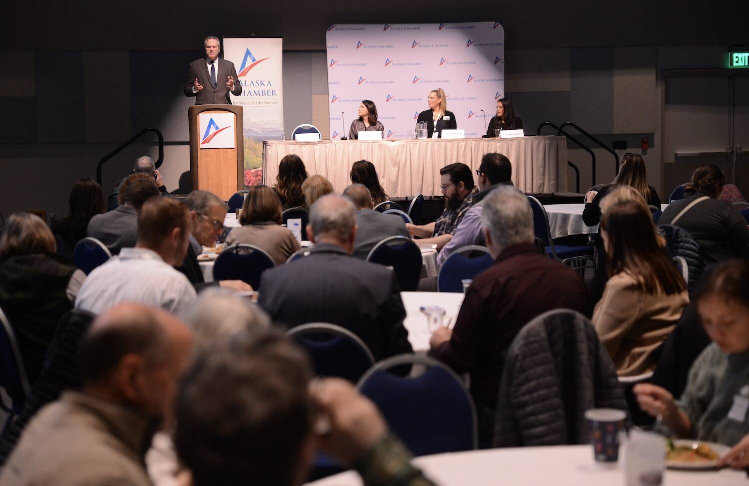 Gov. Mike Dunleavy speaks to a joint meeting of the Juneau and Alaska chambers of commerce on Thursday. (Photo by James Brooks/Alaska Beacon)
