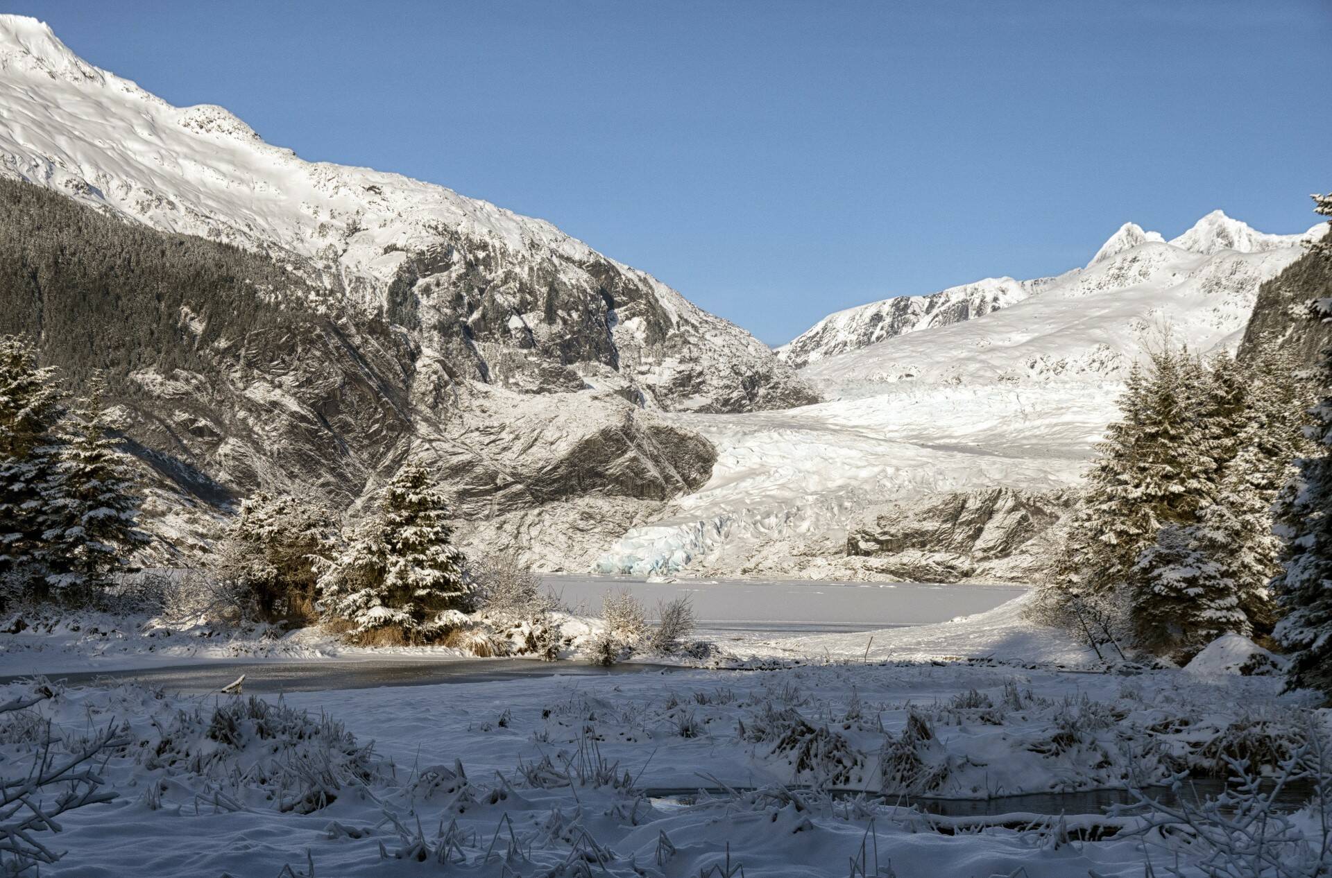 The Mendenhall Glacier with Steep Creek in the foreground on Jan. 9. (Courtesy Photo / Kenneth Gill, gillfoto)