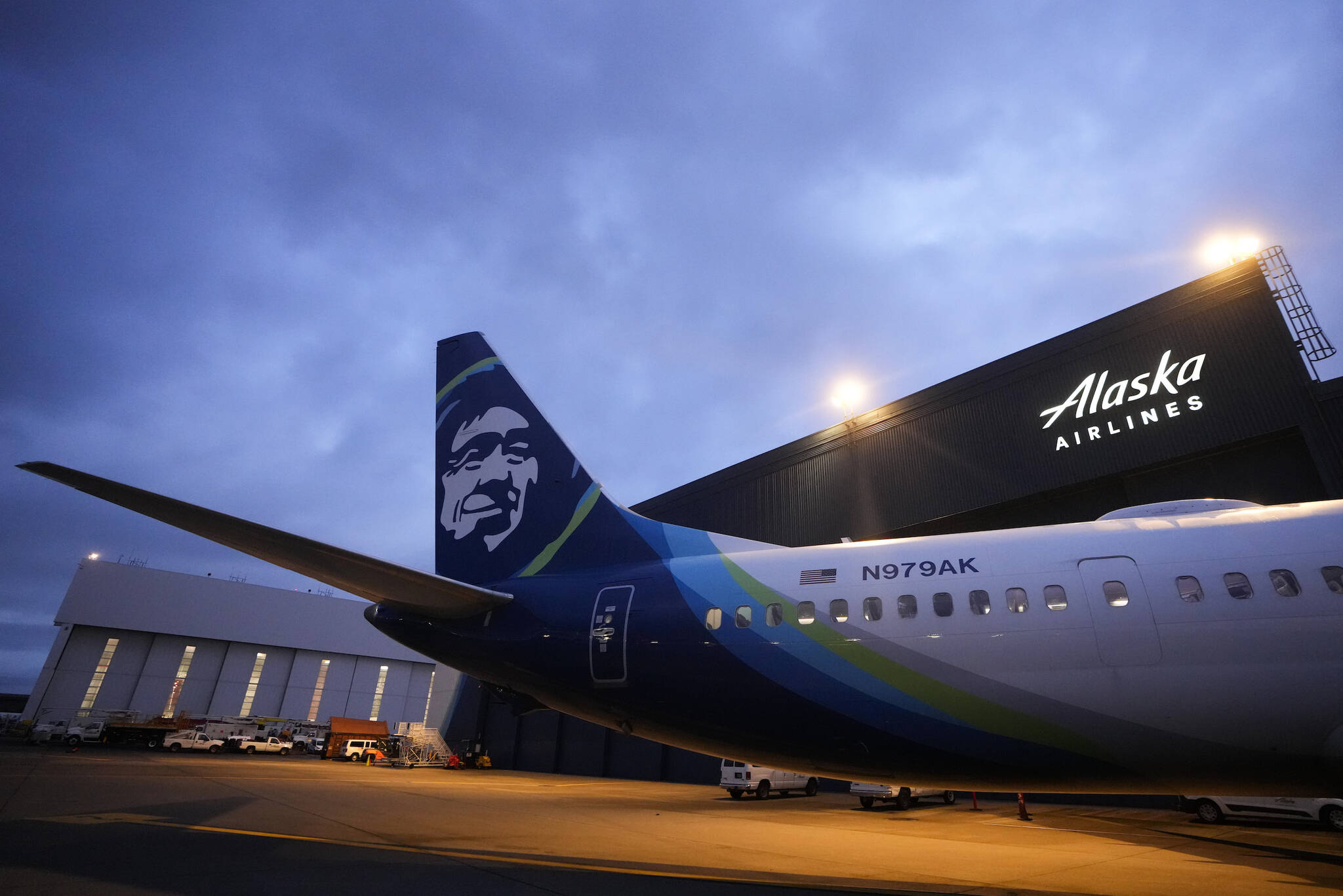 An Alaska Airlines Boeing 737 Max 9 awaits inspection at the airline’s hangar at Seattle-Tacoma International Airport on Jan. 10, 2024, in SeaTac, Wash. Alaska Airlines has begun flying Boeing 737 Max 9 jetliners again for the first time Friday, Jan. 26, since they were grounded after a panel blew out of the side of one of the airline’s planes. (AP Photo/Lindsey Wasson, File)