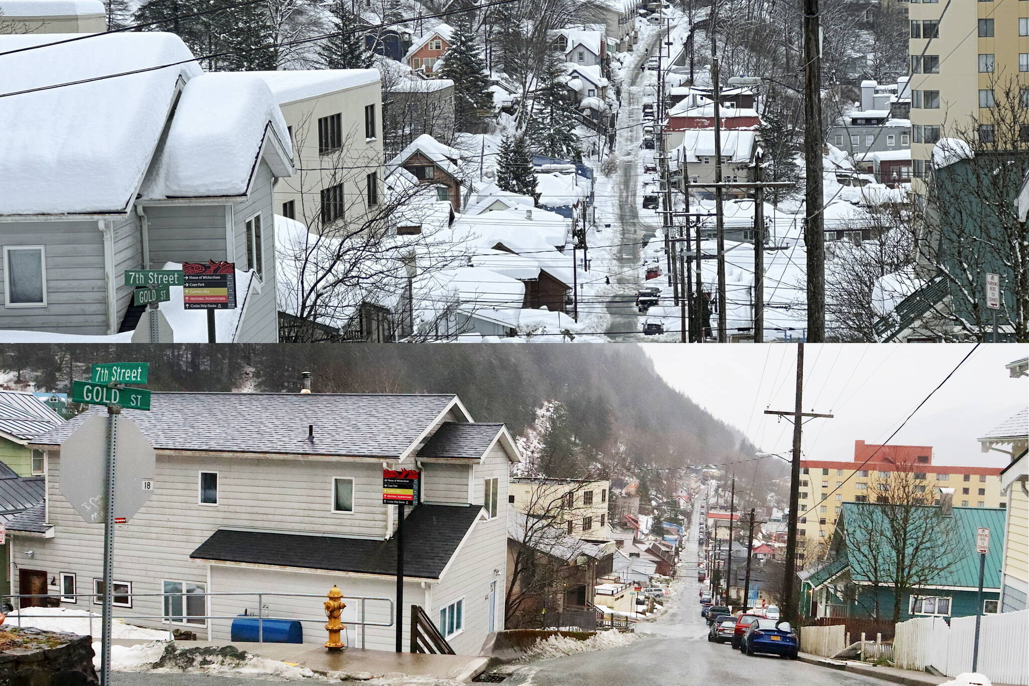 Above, a downtown Juneau street on Wednesday, Jan. 24, following two large snowstorms during the previous 10 days. Below, the same street at midday Monday after record-high temperatures and heavy rain dissolved most of the accumulated snow in many parts of town. (Above photo by Becky Bohrer / Associated Press; below photo by Mark Sabbatini / Juneau Empire)