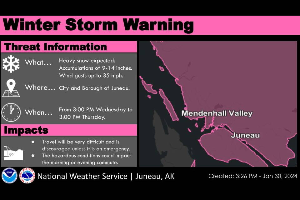 A winter storm warning for the Juneau area is forecasting up to 14 inches of snow between 3 p.m. Wednesday and 3 p.m. Thursday. (National Weather Service Juneau)