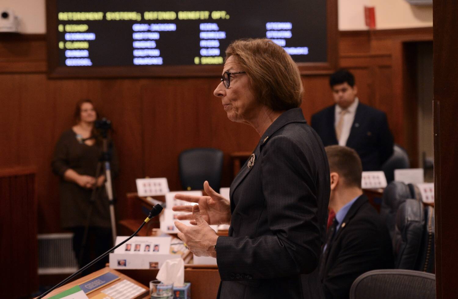 Senate Majority Leader Cathy Giessel, R-Anchorage, speaks in favor of Senate Bill 88 on Wednesday on the floor of the Alaska Senate. (Photo by James Brooks/Alaska Beacon)