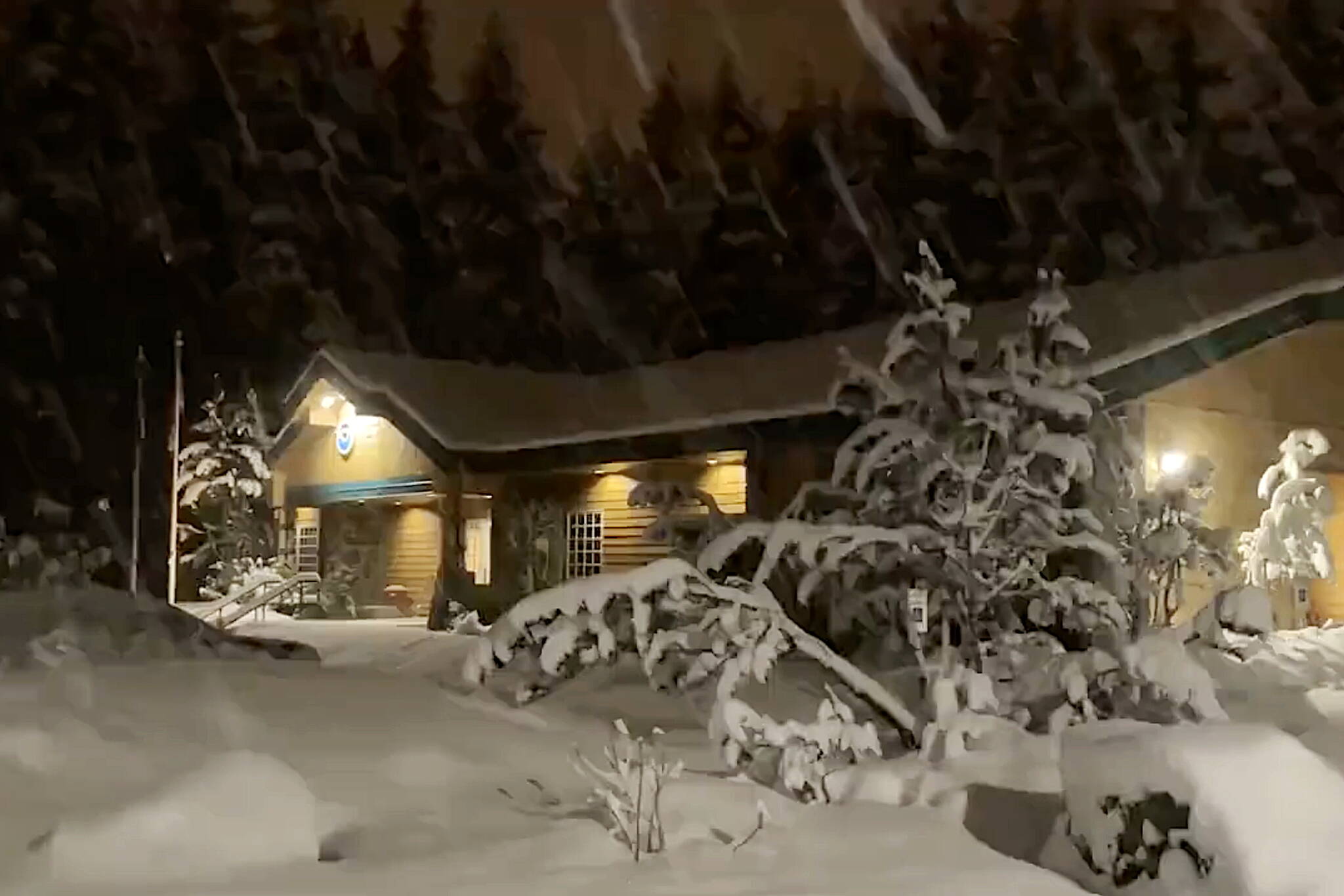 The National Weather Service Juneau station has received more than 10 inches of snow as of 6 a.m Thursday from a storm that started Wednesday afternoon. (Screenshot from video by NWS Juneau)