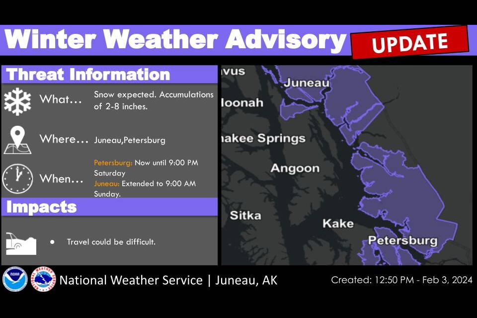 An extended advisory forecasting up to eight more inches of snow by 9 a.m. Sunday, in addition to about four inches of snow that fell between Friday evening and Saturday afternoon, is issued by the National Weather Service Juneau at 12:50 p.m. Saturday. (National Weather Service Juneau)
