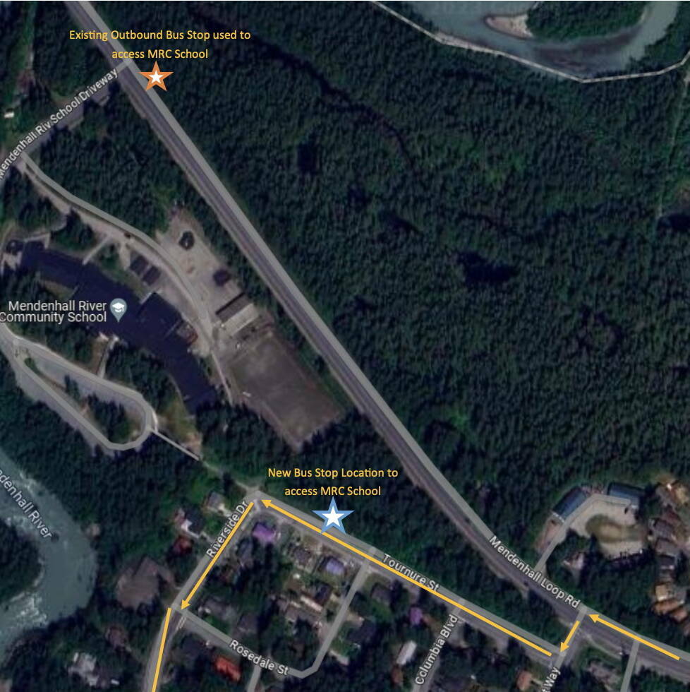A overhead view of the area surrounding Mendenhall River Community School shows a plan to reroute a Capital Transit bus from Back Loop Road to the less-traveled Tournure Street. (Google image modified by the City and Borough of Juneau)