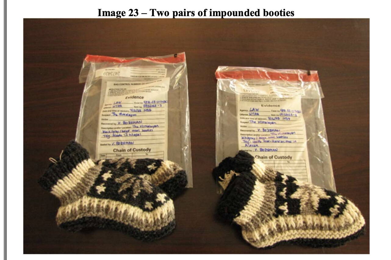 This screenshot from a court filing by the Alaska Department of Law shows two identical pairs of wool booties taken from a tourist shop near Denali National Park. One pair bears the label “made in Nepal,” while the other says that it was made in Alaska. (Screenshot)