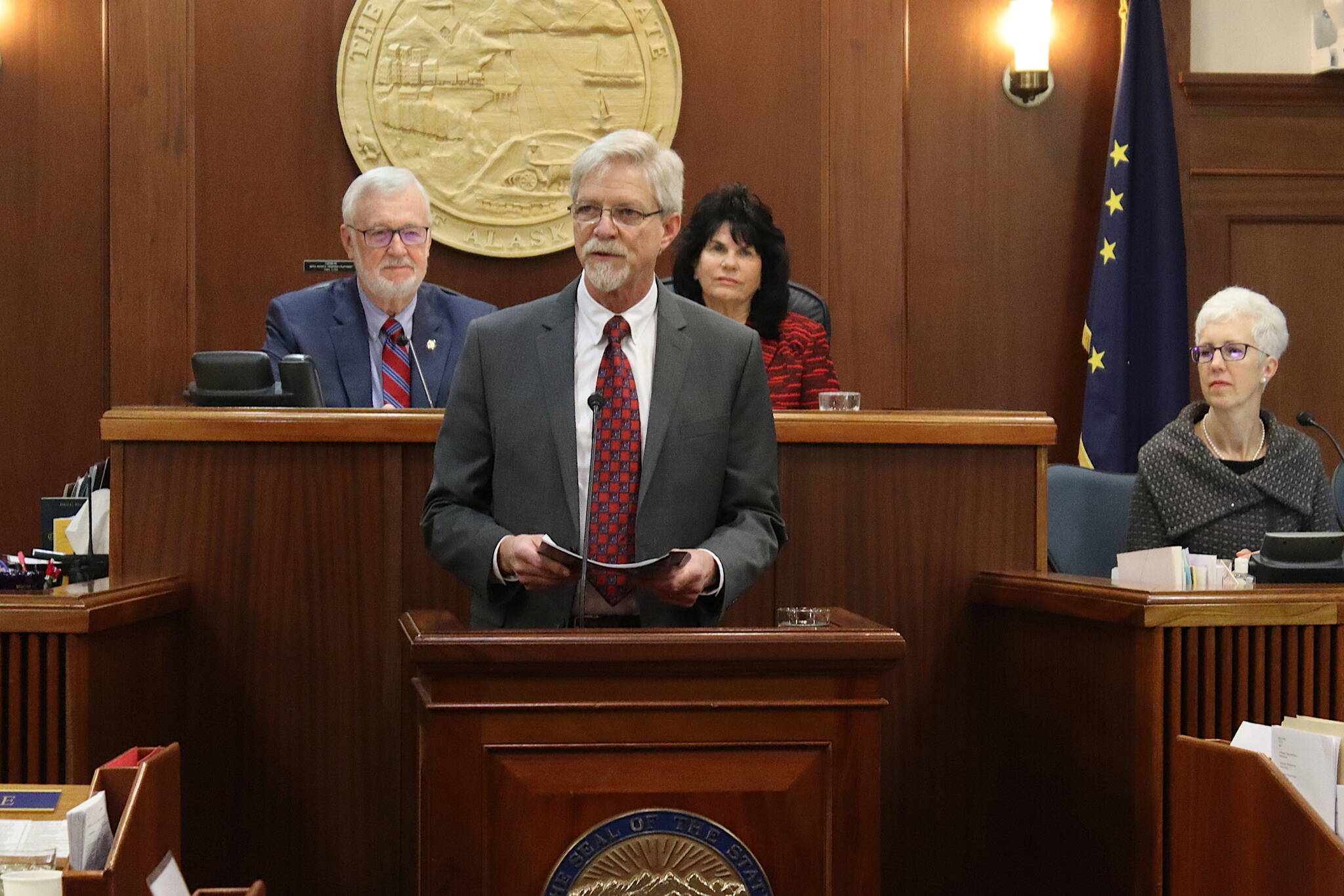 Alaska Chief Justice Peter J. Maassen delivers his first State of the Judiciary address to a joint session of the Alaska Legislature on Wednesday. (Mark Sabbatini / Juneau Empire)