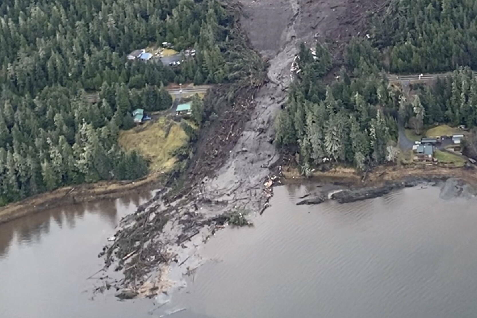 This image from video provided by Sunrise Aviation shows the landslide that occurred near Wrangell on Nov. 20, 2023. (Sunrise Aviation via AP)
