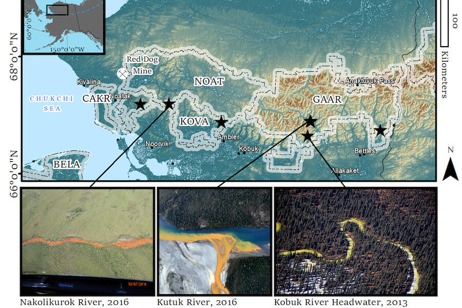 A map showing some orange streams found in national park units in northern Alaska. (Map created by Carson Baughman, USGS; photos by Ken Hill, National Park Service)