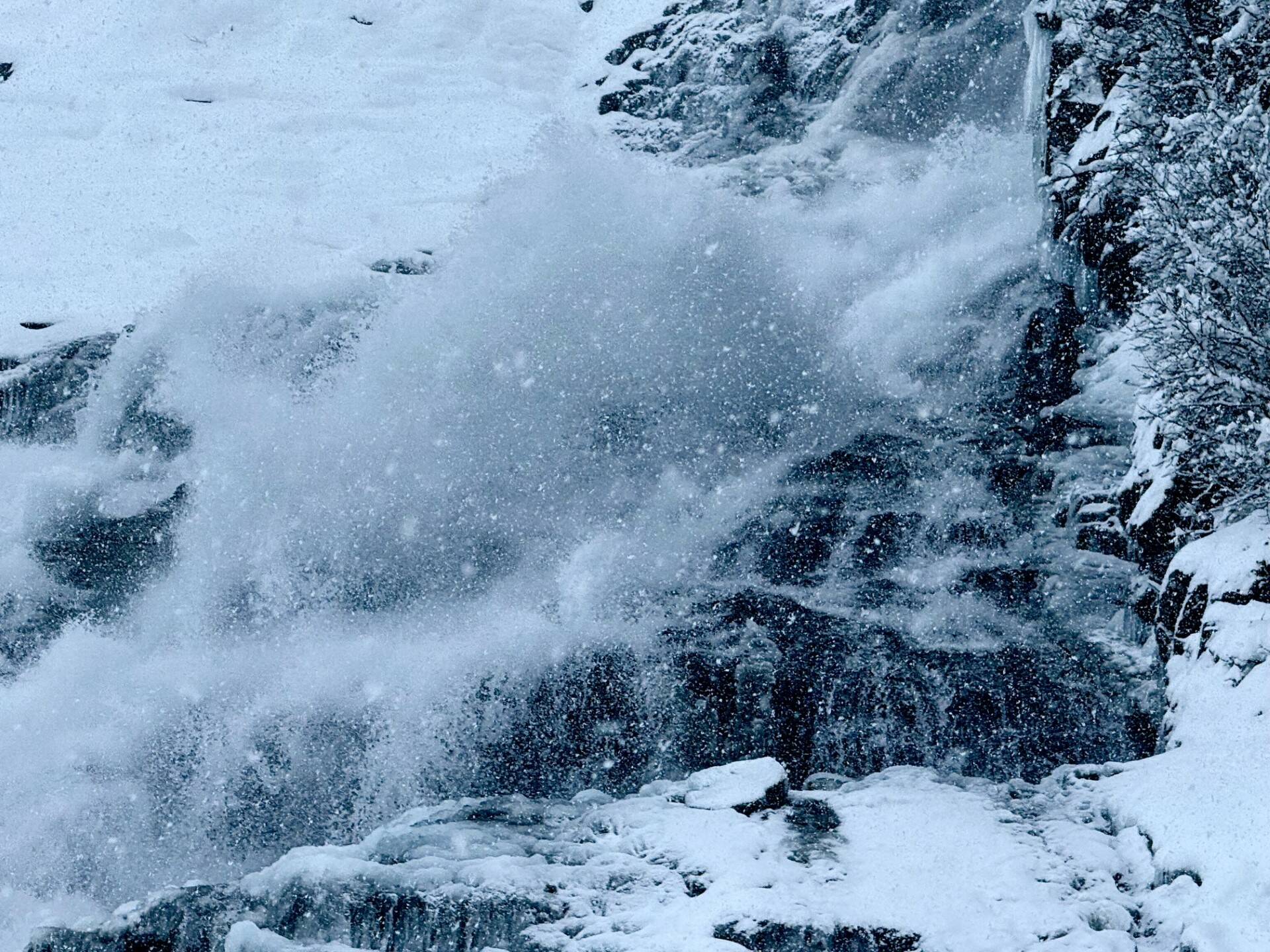 Water explodes over the top of Nugget Falls and cascades down to a pool below on Feb. 3. (Photo by Denise Carroll)