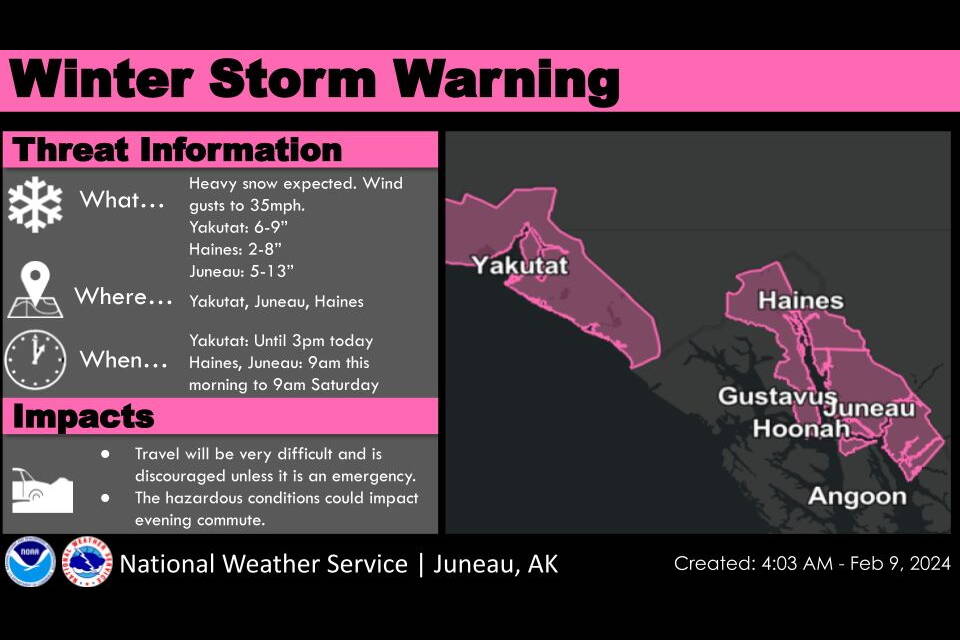 Yet another winter storm warning is forecasting up to 13 inches of snow for Juneau during a 24-hour period beginning at 9 a.m. Friday. (National Weather Service Juneau)