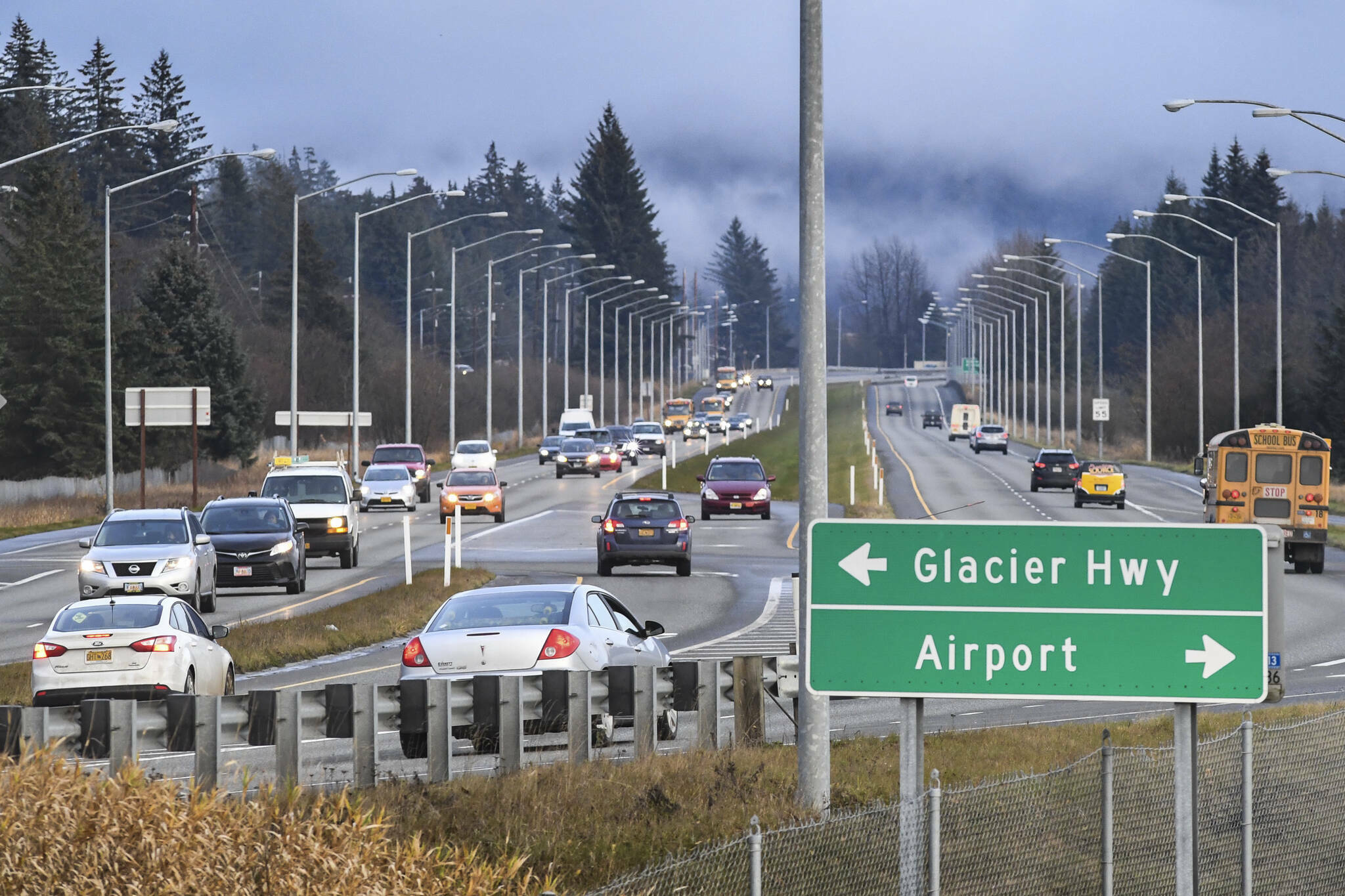 Traffic at the Fred Meyer intersection, formally known as Egan and Yandukin drives, in November 2019. Proposed safety upgrades at the intersection may be impacted by the federal government’s rejection of the State Transportation Improvement Program for 2024-27. (Michael Penn / Juneau Empire file photo)