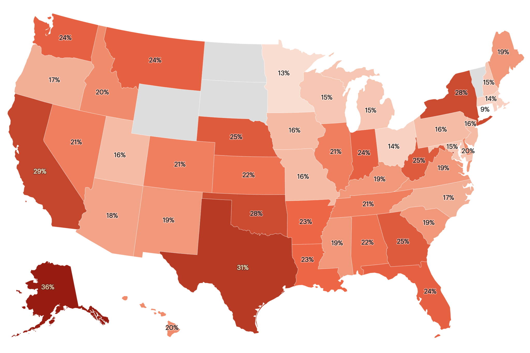 A map shows the percentage of residents participating in a survey Feb. 2-5 who favor their state seceding from the U.S., with Alaska topping states with at least 100 respondents at 36%. (Map by YouGov)