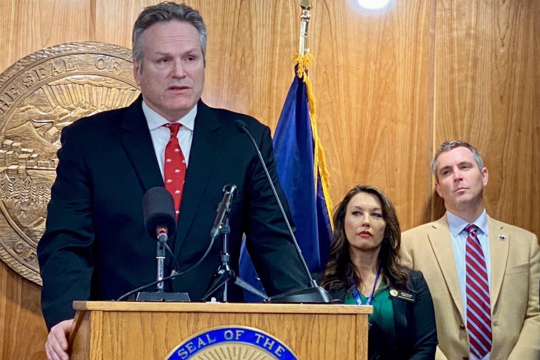 Gov. Mike Dunleavy announces his proposed FY2025 budget at a news conference in Juneau on Dec. 14, 2023. (Claire Stremple/Alaska Beacon)