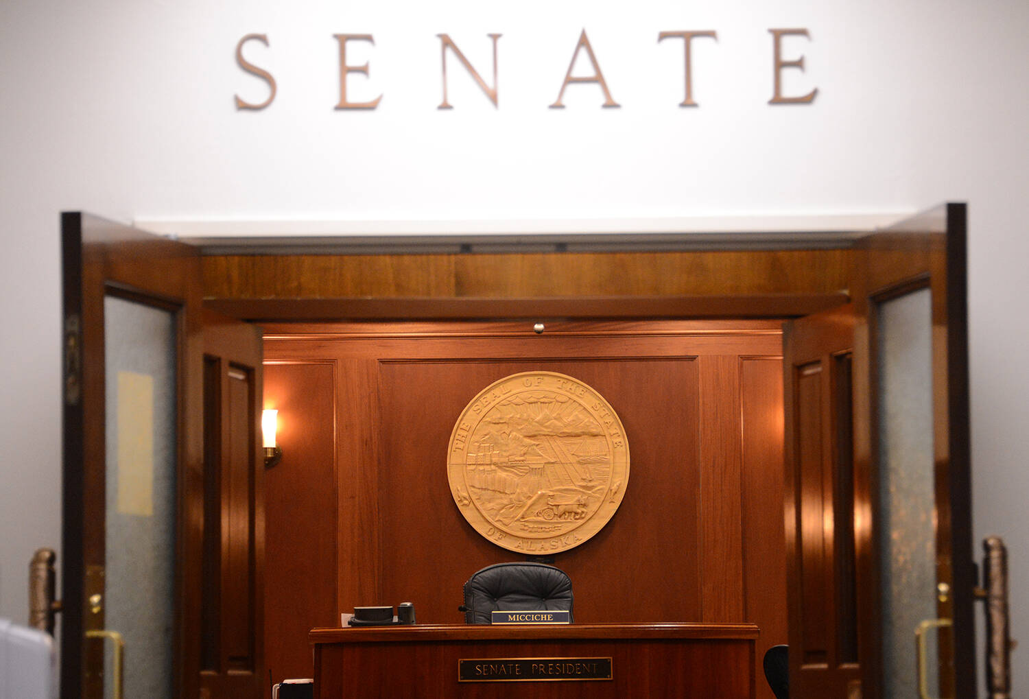 The Senate chambers are seen at the Alaska State Capitol on Friday, May 13, 2022. (Photo by James Brooks/Alaska Beacon)