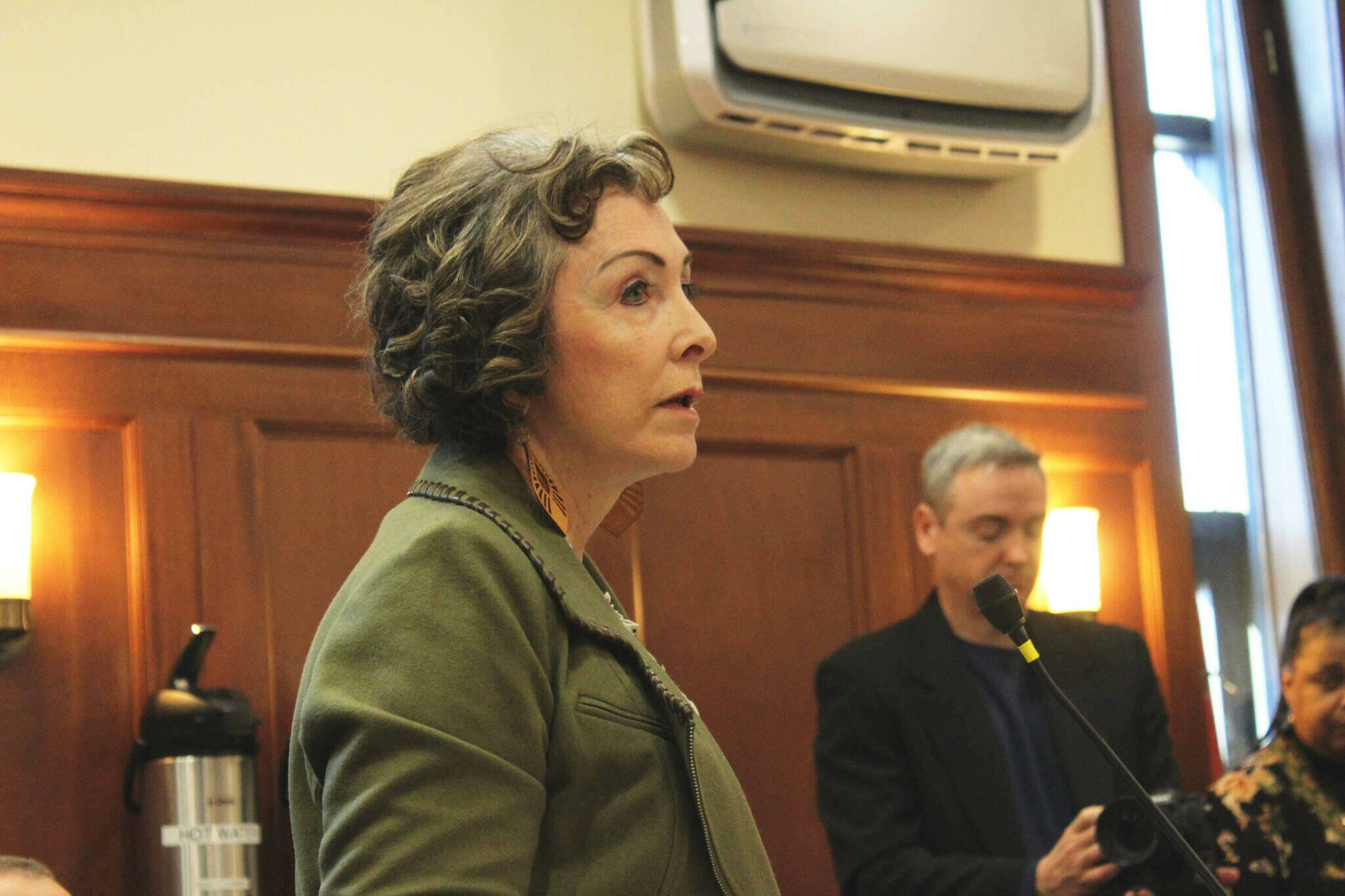 Sen. Shelley Hughes, R-Palmer, speaks in support of Senate concurrence on a version of an education bill passed by the Alaska House last week during a Senate floor discussion on Monday. (Ashlyn O’Hara/Peninsula Clarion)