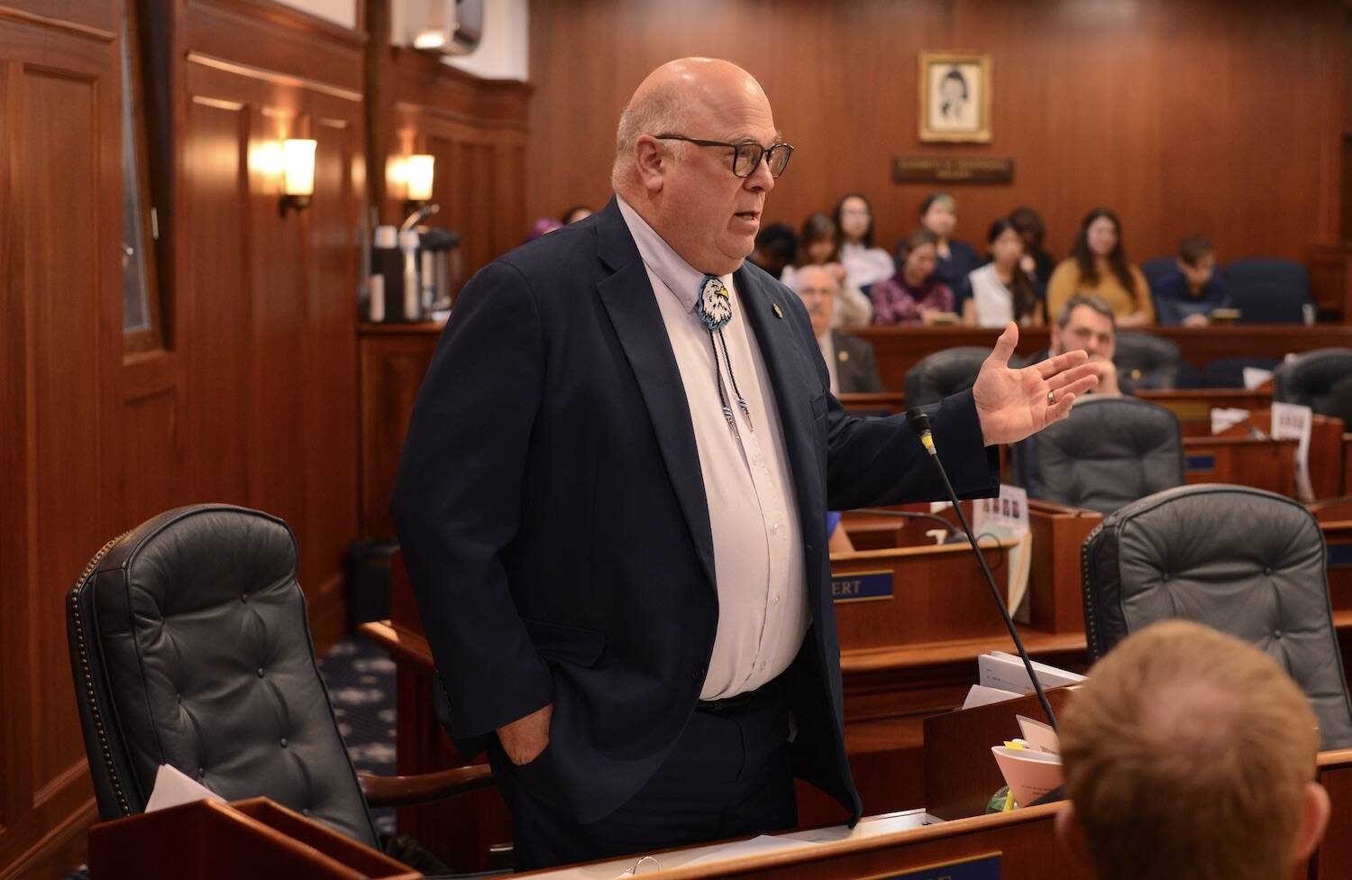 Rep. Kevin McCabe, R-Big Lake, speaks March 20, 2023, on the floor of the Alaska House. (Photo by James Brooks/Alaska Beacon)