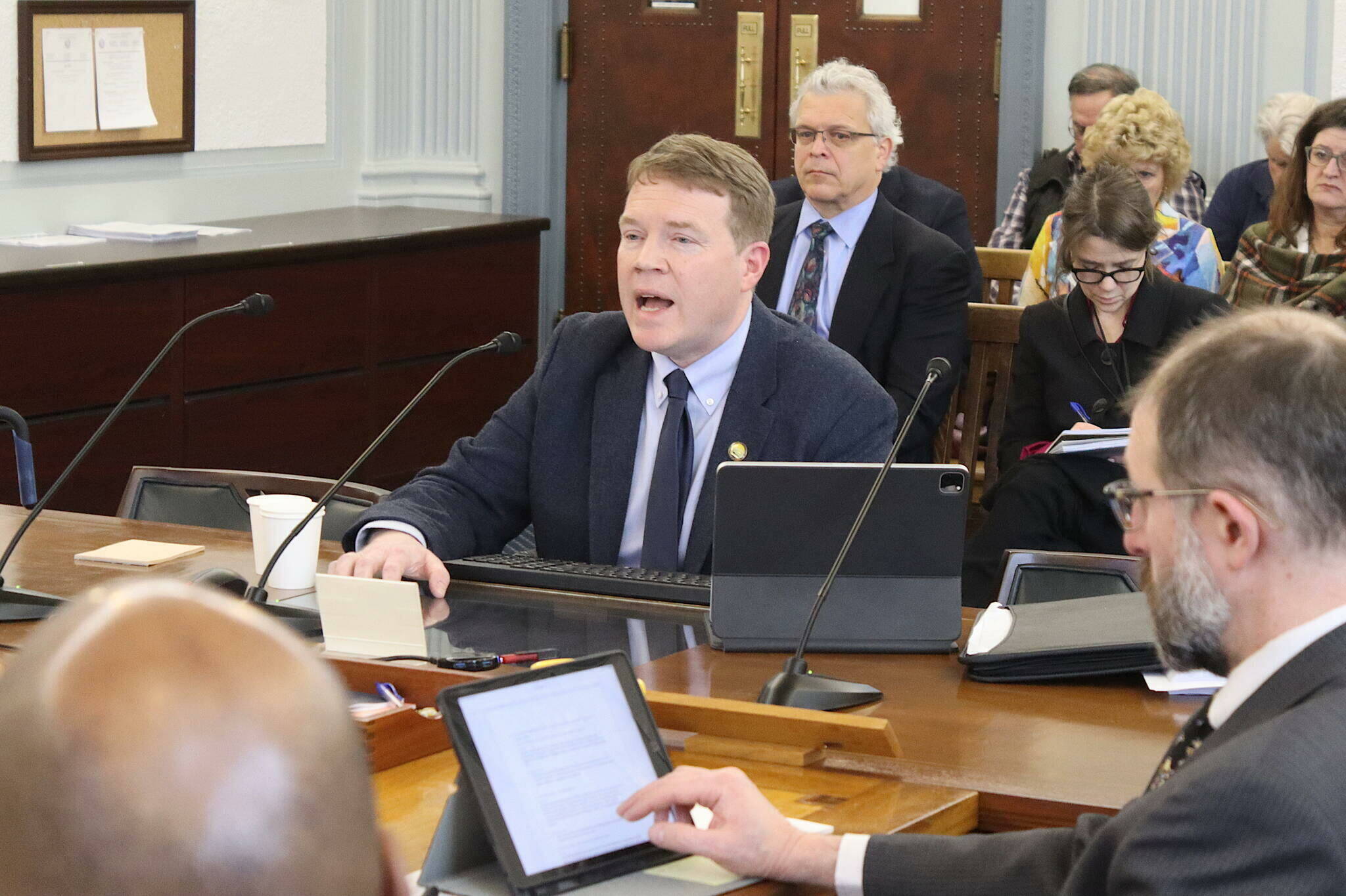 Alaska Department of Transportation and Public Facilities Commissioner Ryan Anderson answers questions from state senators during a Senate Finance Committee hearing on Wednesday. (Mark Sabbatini/Juneau Empire)
