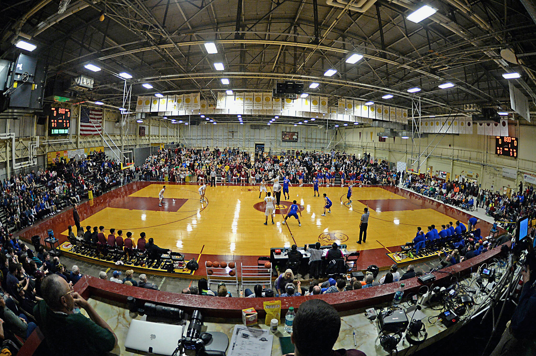 A Region V tournament game featuring the Mt. Edgecumbe Braves and Sitka Wolves begins at Mt. Edgecumbe High School’s B.J. McGillis gymnasium in 2019. (Photo by Klas Stolpe)