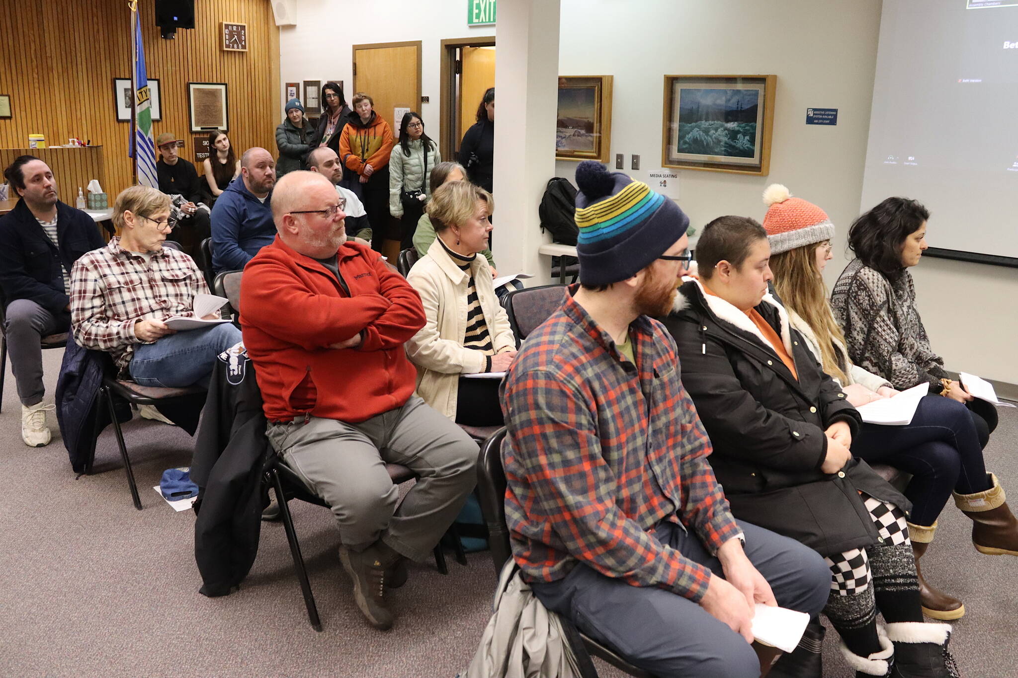 About 15 members of the group Juneau for Palestine are among the residents showing up the public testimony portion of a Juneau Assembly meeting on Feb. 5. Members of the group also attended Monday’s Assembly meeting to reiterate their call for a resolution seeking a ceasefire in Gaza.(Mark Sabbatini / Juneau Empire file photo)
