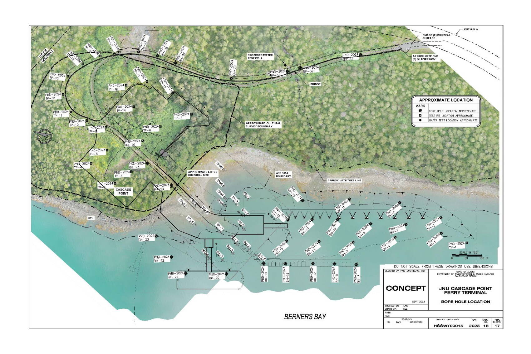 A blueprint shows plans for a geotechnical exploration/bathymetry survey scheduled at Cascade Point this summer for a proposed ferry terminal. (Alaska Department of Transportation and Public Facilities)