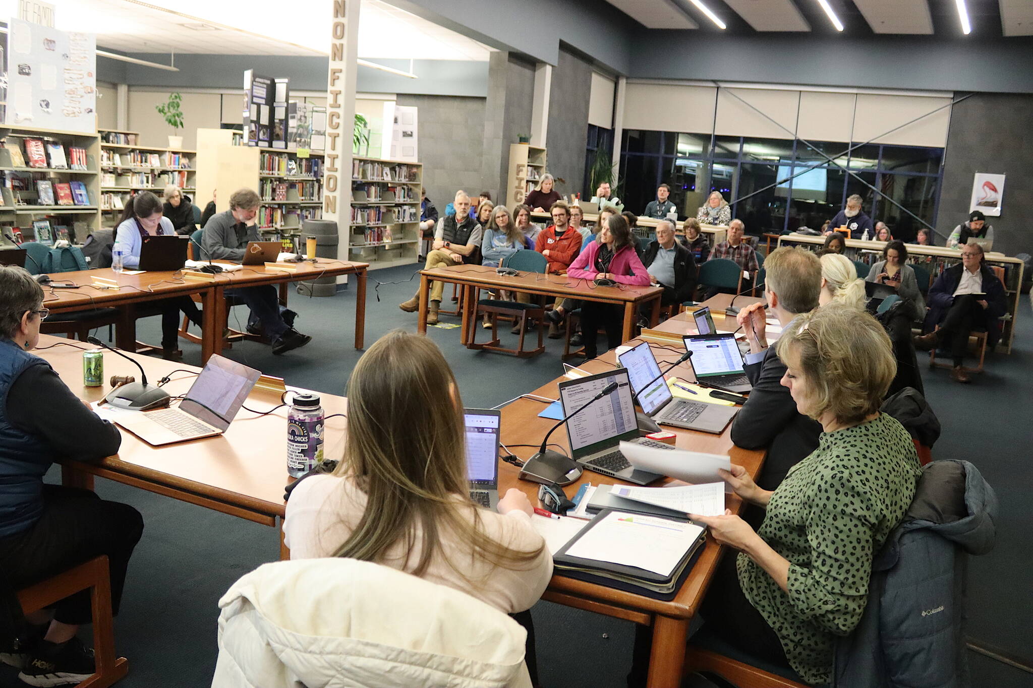Juneau School District administrators and school board members discuss the district’s proposed budget for next year during a special meeting Thursday at Thunder Mountain High School. (Mark Sabbatini / Juneau Empire)