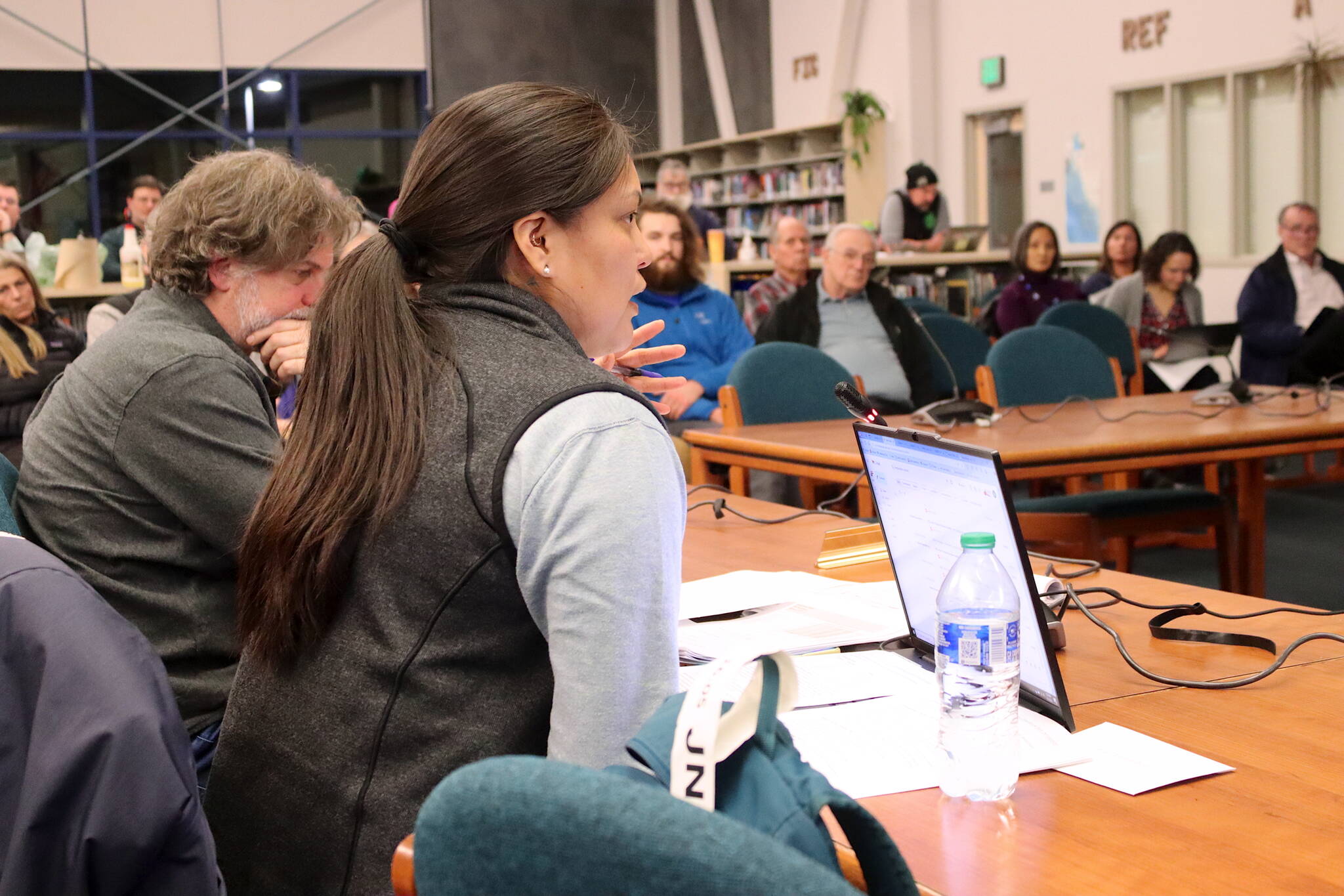 Amber Frommherz, a member of the Juneau Board of Education, expresses concerns about next year’s proposed budget during a special meeting Thursday night at Thunder Mountain High School. (Mark Sabbatini / Juneau Empire)