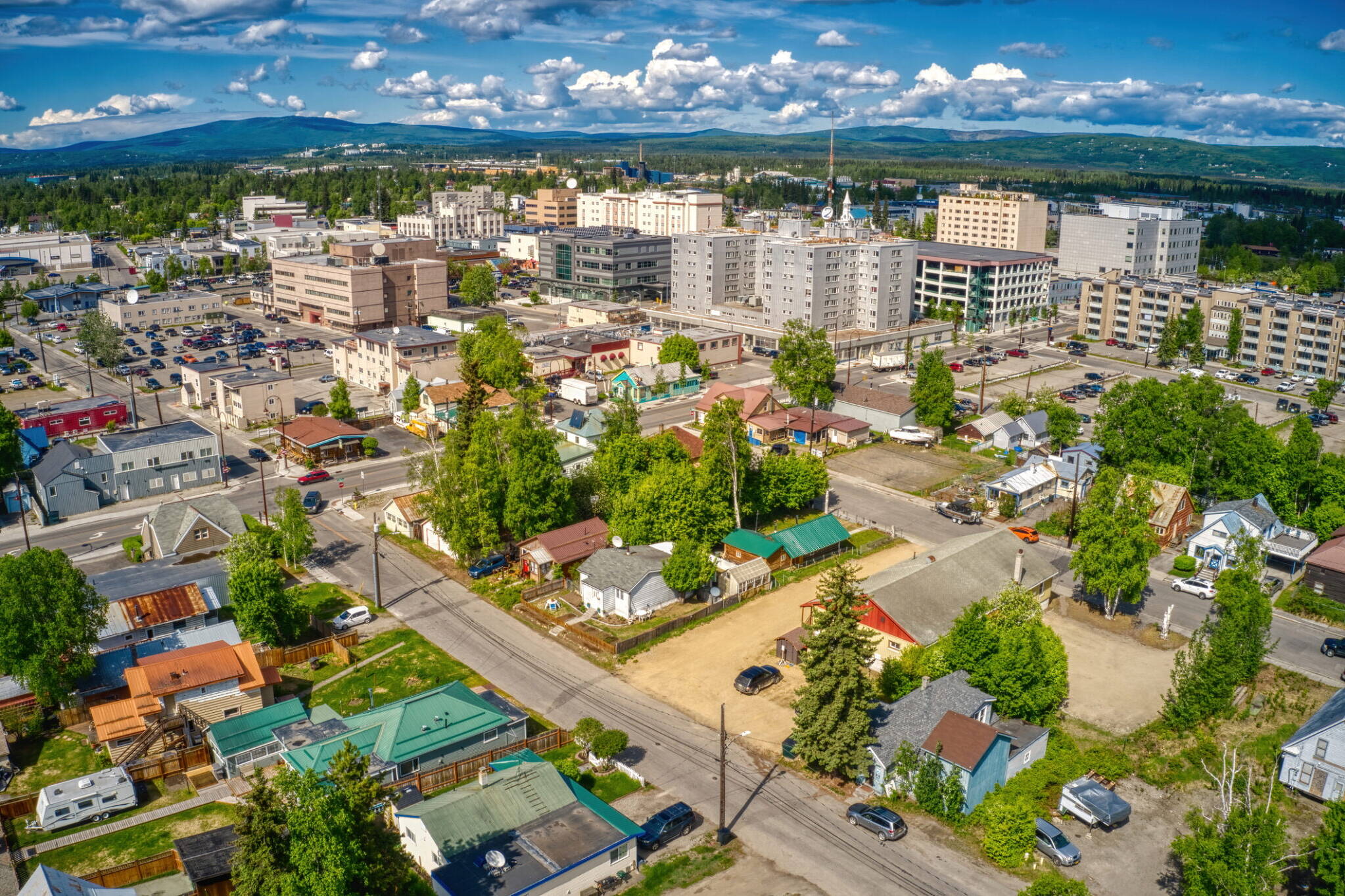 An aerial view of Fairbanks, Alaska, is seen in summer in an undated photo. An Alaska State Troopers photo of the yard of a house in more rural area north of the city was the subject of an Alaska Supreme Court ruling. (Photo by Jacob Boomsma via Getty Images Plus)