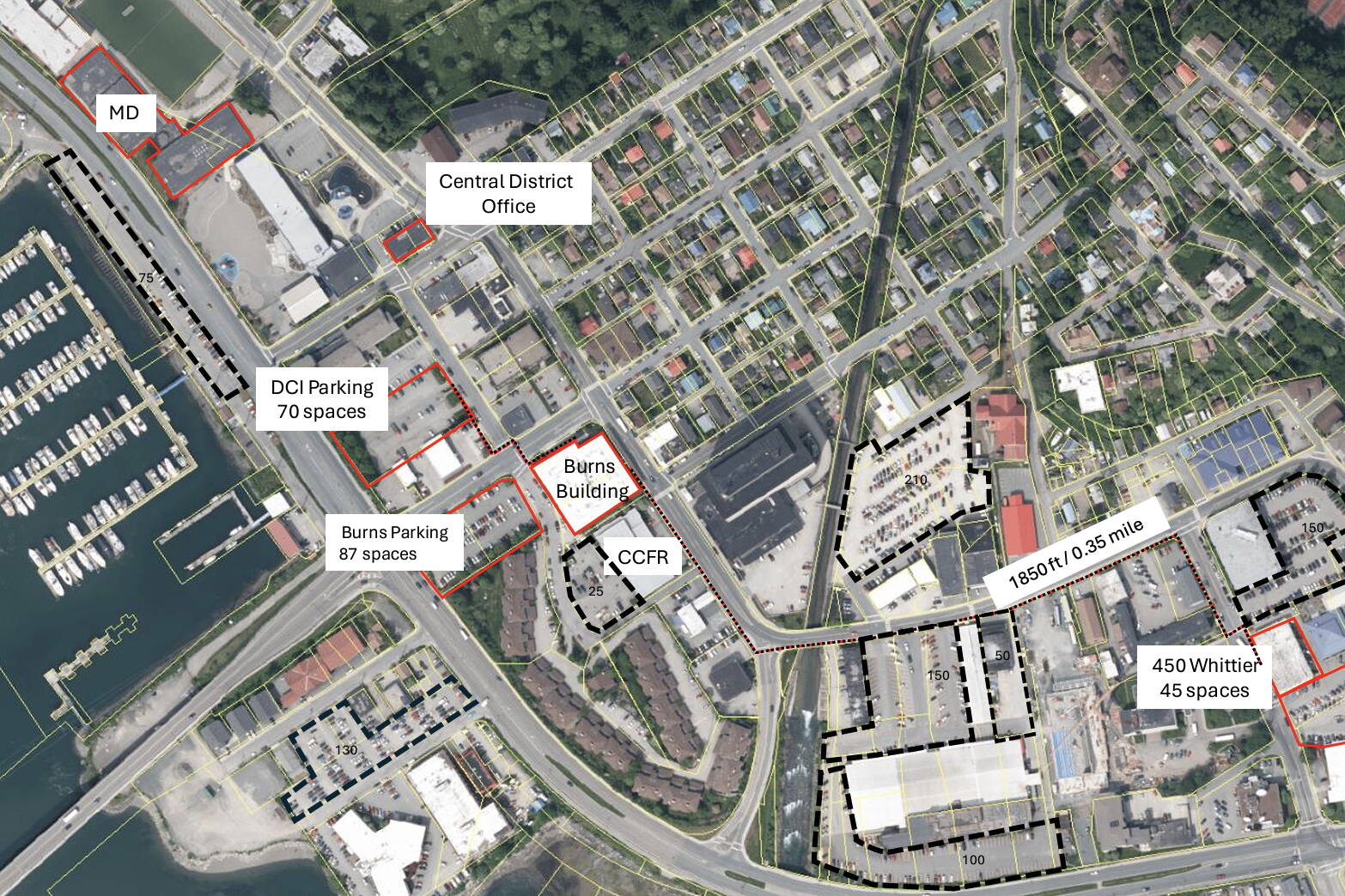 An overhead image shows possible locations to relocate offices for Juneau’s municipal employees along with some available parking lots. (City and Borough of Juneau image)