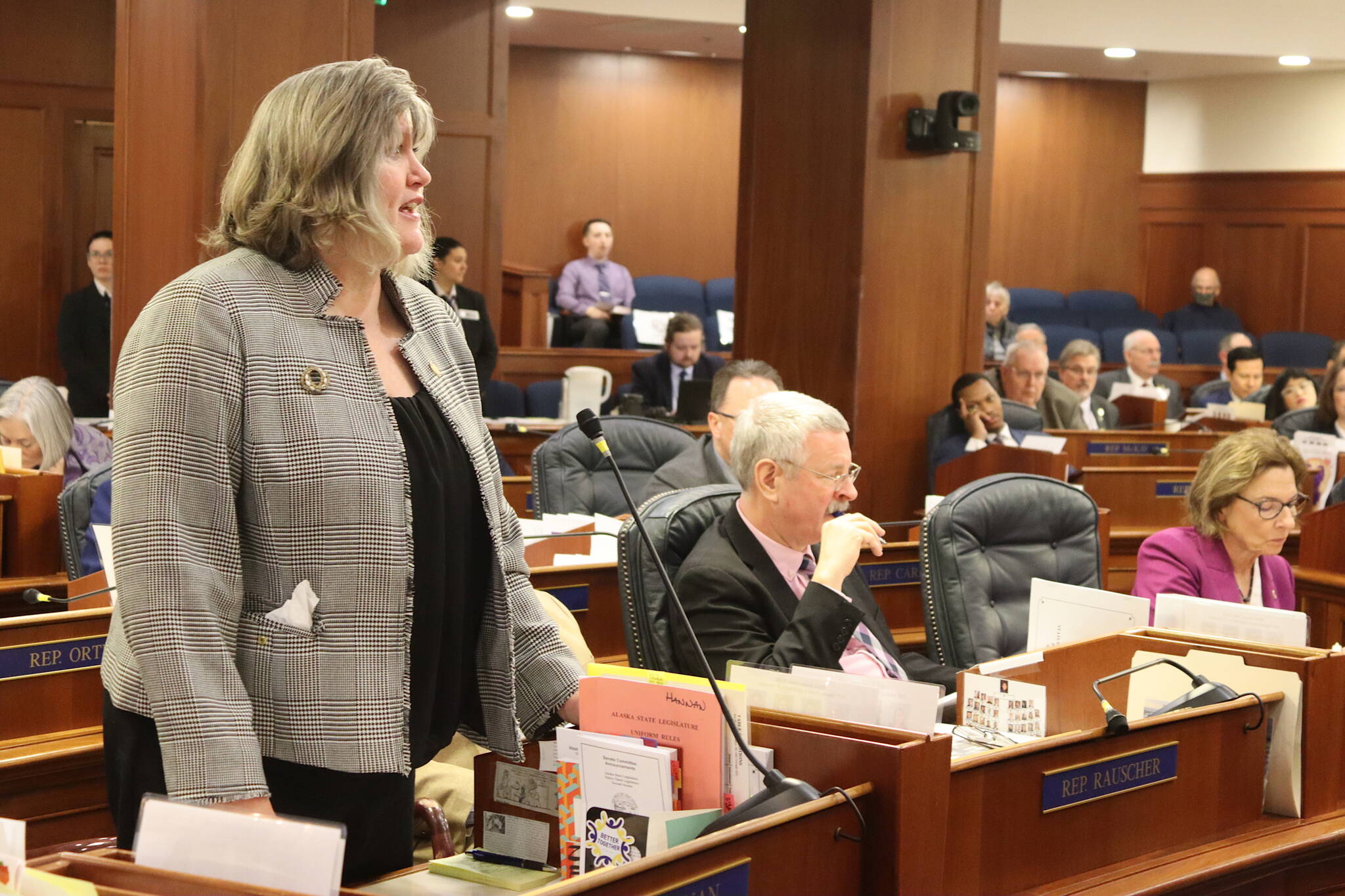 State Rep. Sara Hannan, a Juneau Democrat, argues in favor of rejecting Gov. Mike Dunleavy’s executive order giving him full control of the Alaska Marine Highway Operations Board during a joint session of the Alaska Legislature on Tuesday. (Mark Sabbatini / Juneau Empire)