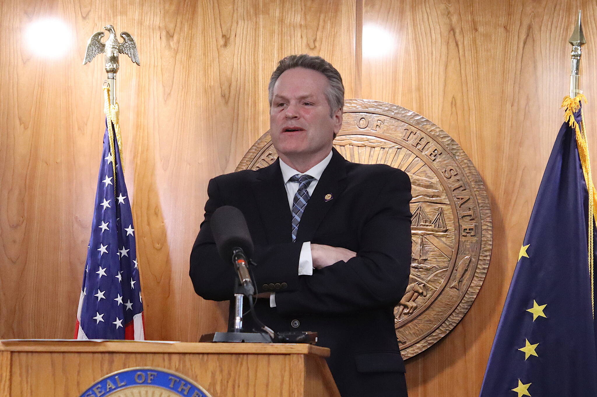 Gov. Mike Dunleavy discusses his veto of a wide-ranging education bill during a press conference Friday at the Alaska State Capitol. (Mark Sabbatini / Juneau Empire)