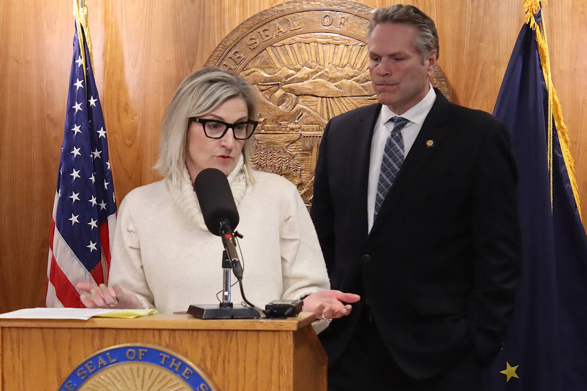 Alaska Department of Education and Early Development Commissioner Deena Bishop and Gov. Mike Dunleavy discuss his veto of an education bill during a press conference Friday at the Alaska State Capitol. (Mark Sabbatini / Juneau Empire file photo)