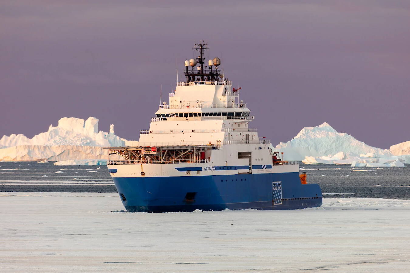 The Aiviq icebreaker, targeted by the U.S. Coast Guard for purchase and deployment in Alaska, completes a chartered refueling operation at Davis Research Station in Antarctica. (Kirk Yatras / Australian Antarctic Program)