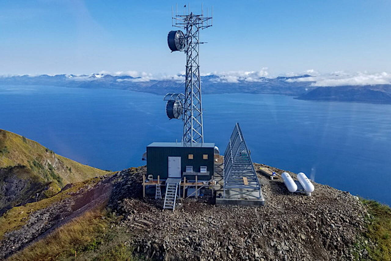 A broadband tower on a mountaintop that is part of a network providing service to rural Alaska communities. (Cordova Telecom photo provided by the U.S. Department of Agriculture)