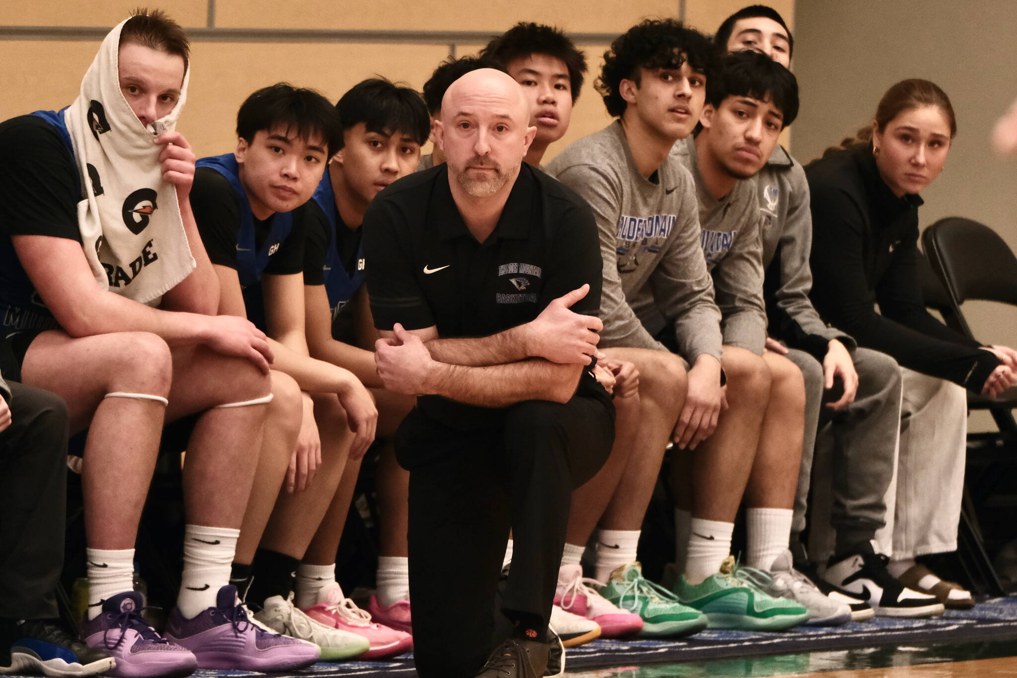 Thunder Mountain High School coach John Blasco, shown in action at the state tournament opening game against West Valley last week, was selected the 2024 4A Boys Coach of the Year by the Alaska Basketball Coaches Association. (Klas Stolpe / For the Juneau Empire)