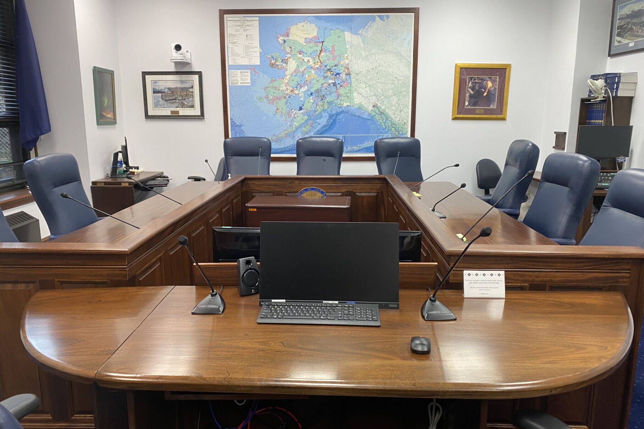 The room where the House Community and Regional Affairs Committee holds its meeting sits empty on Tuesday. A presentation about an increase in the number of inmate deaths in state custody was abruptly canceled here. (Claire Stremple/Alaska Beacon)