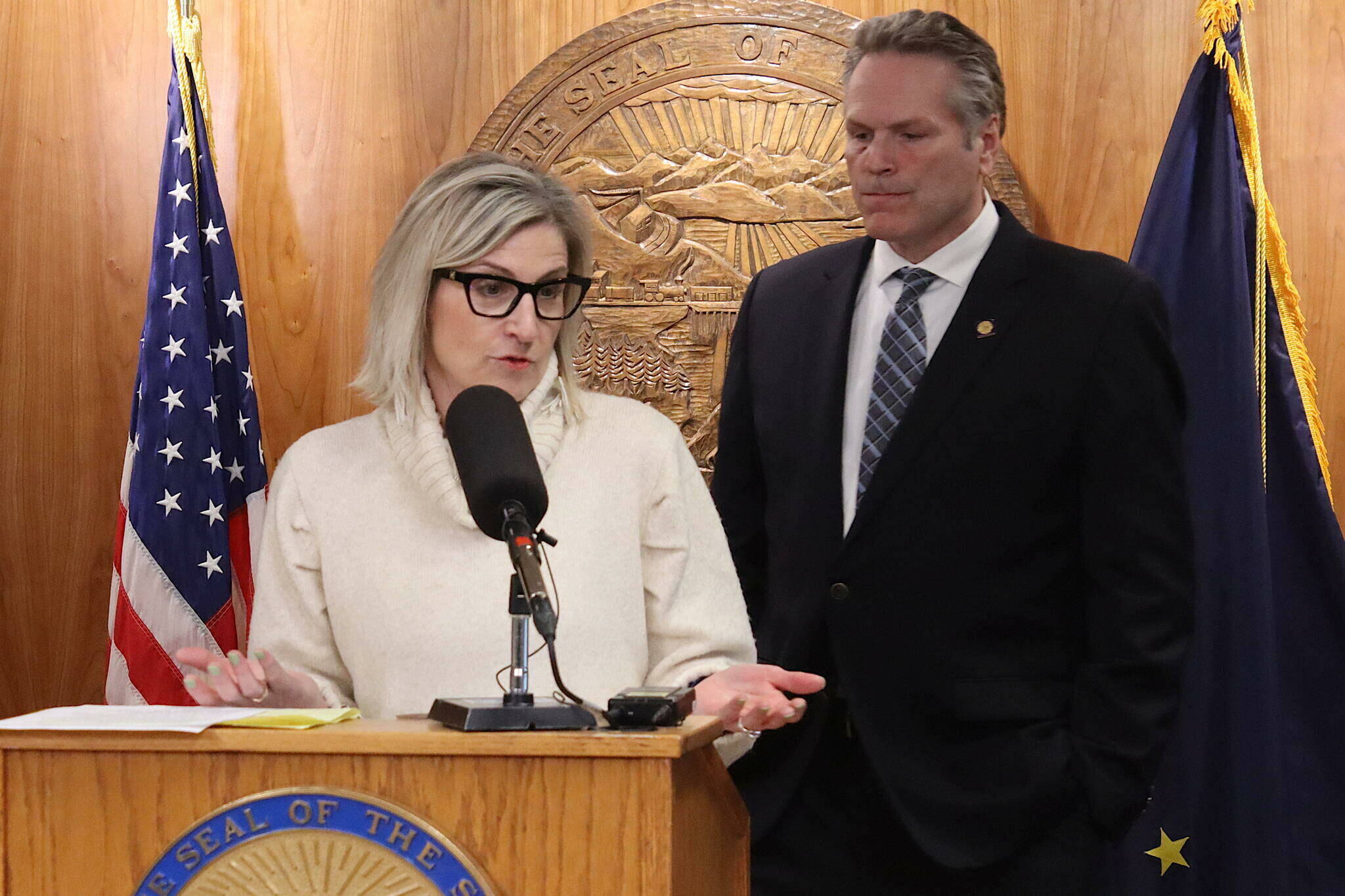 Alaska Department of Education and Early Development Commissioner Deena Bishop and Gov. Mike Dunleavy discuss his veto of an education bill during a press conference March 15 at the Alaska State Capitol. (Mark Sabbatini / Juneau Empire file photo)