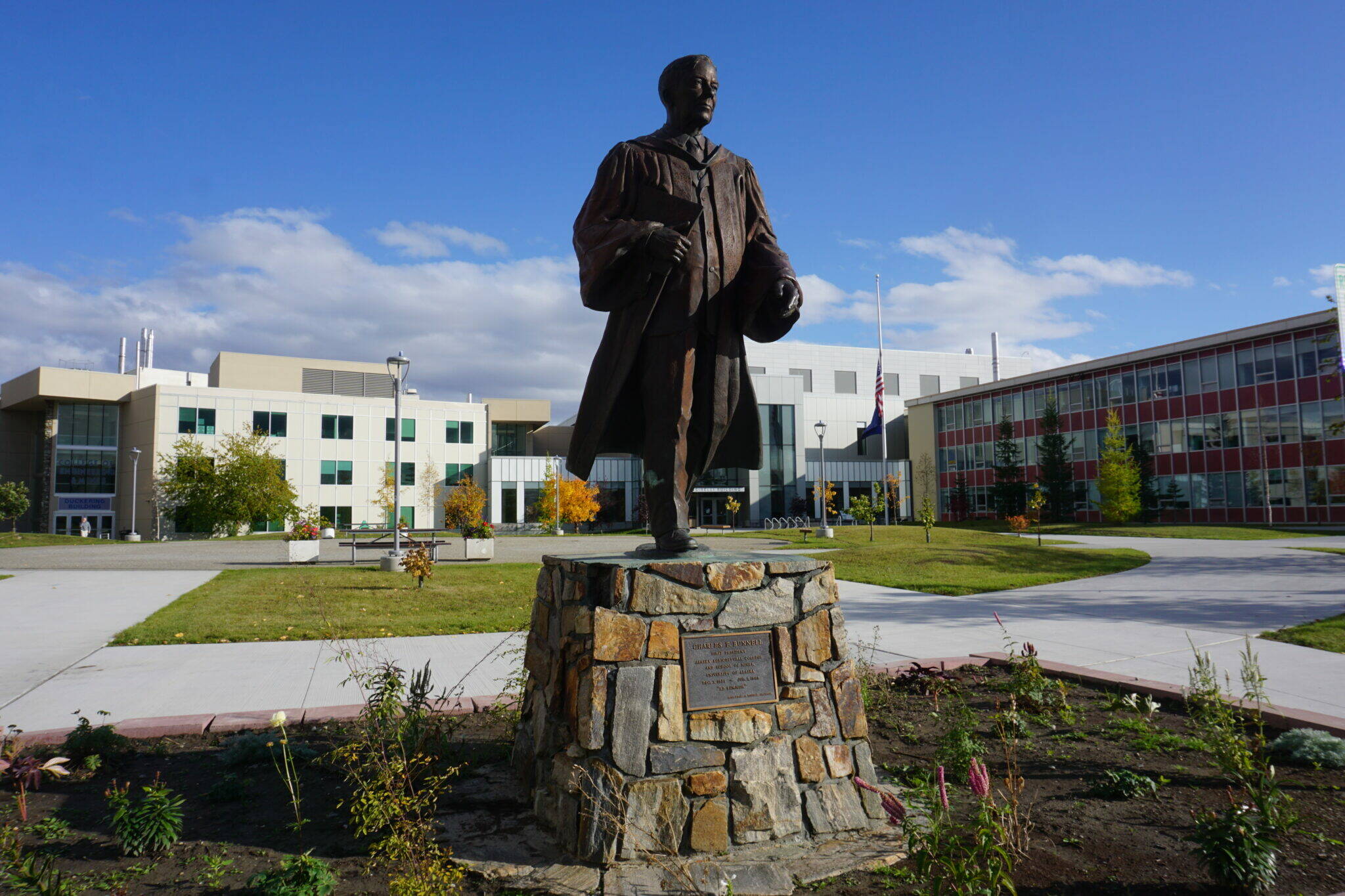 A statue of Charles Bunnell, the first president of the Alaska Agricultural College and School of Mines, as the University of Alaska Fairbanks was once known, is seen on Sept. 18, 2022, on the UAF campus. (Photo by Yereth Rosen/Alaska Beacon)