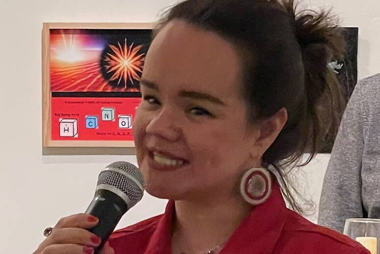 Lily Hope, winner of the 2023 Marie Darlin Arts and Literature Prize, speaks to a gathering of supporters at a reception hosted by the Juneau-Douglas City Museum on Wednesday. (Photo by Laurie Craig)
