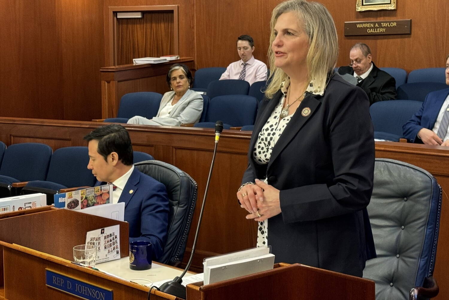 Rep. DeLena Johnson, R-Palmer and co-chair of the House Finance Committee, speaks Thursday on the House floor about the state’s operating budget. (James Brooks/Alaska Beacon)
