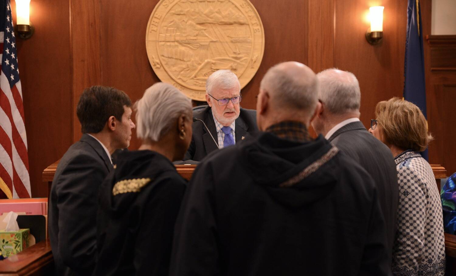 Senate President Gary Stevens, R-Kodiak, speaks to members of the Senate majority caucus’ leadership group on Friday. (James Brooks/Alaska Beacon)