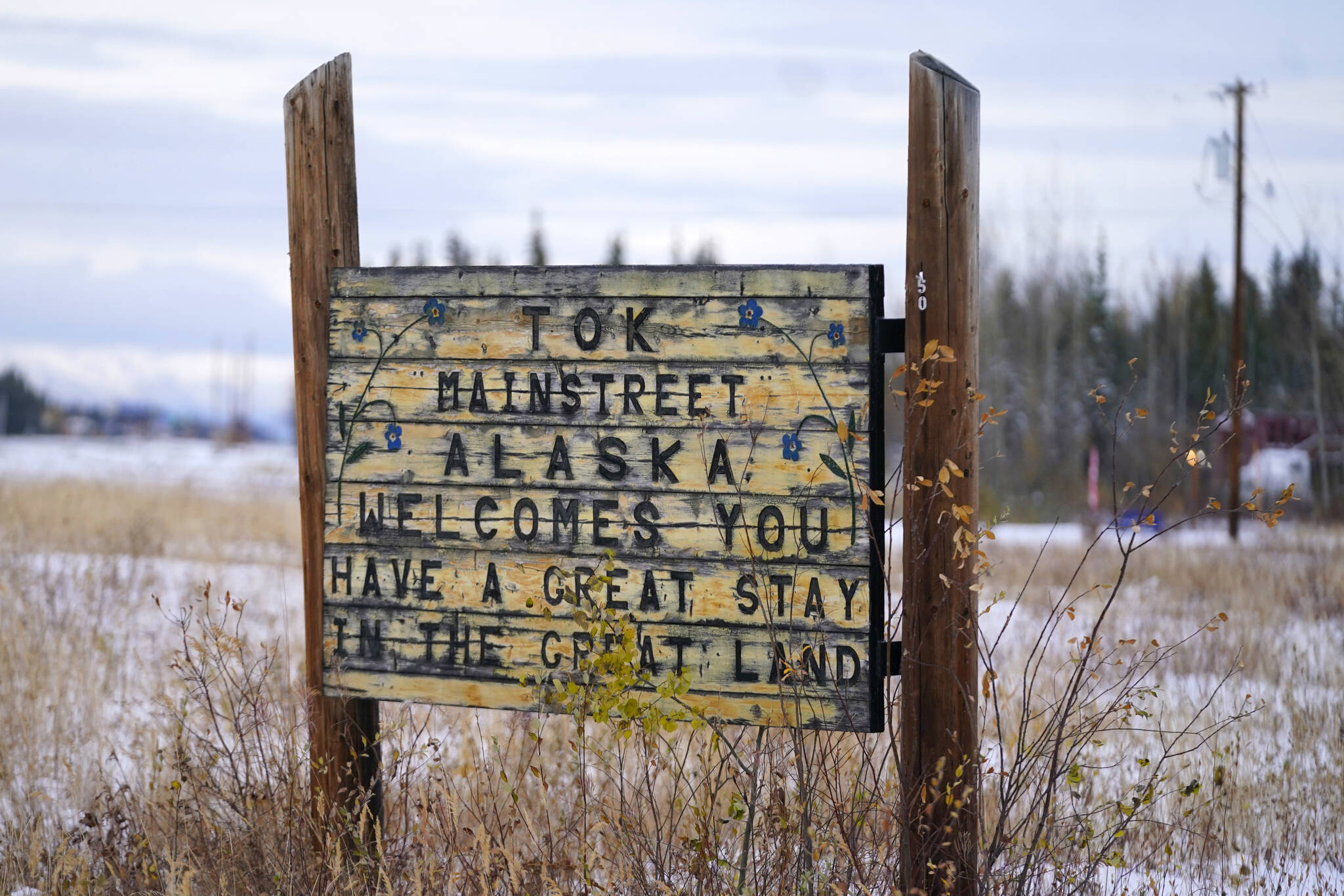A welcome sign is shown Sept. 22, 2021, in Tok. President Joe Biden won Alaska’s nominating contest on Saturday. (AP Photo/Rick Bowmer, File)