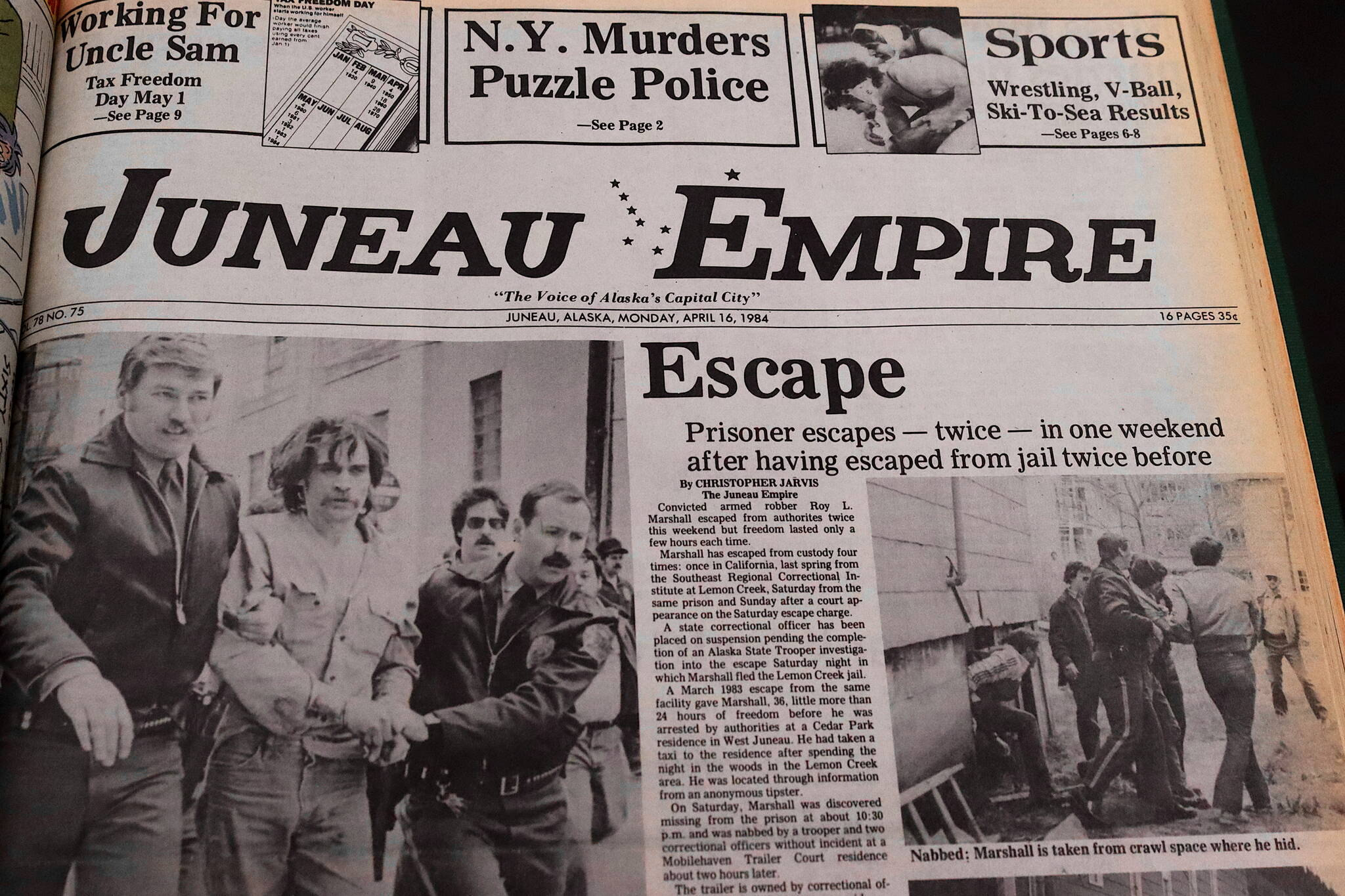 The front page of the Juneau Empire on April 16, 1984.