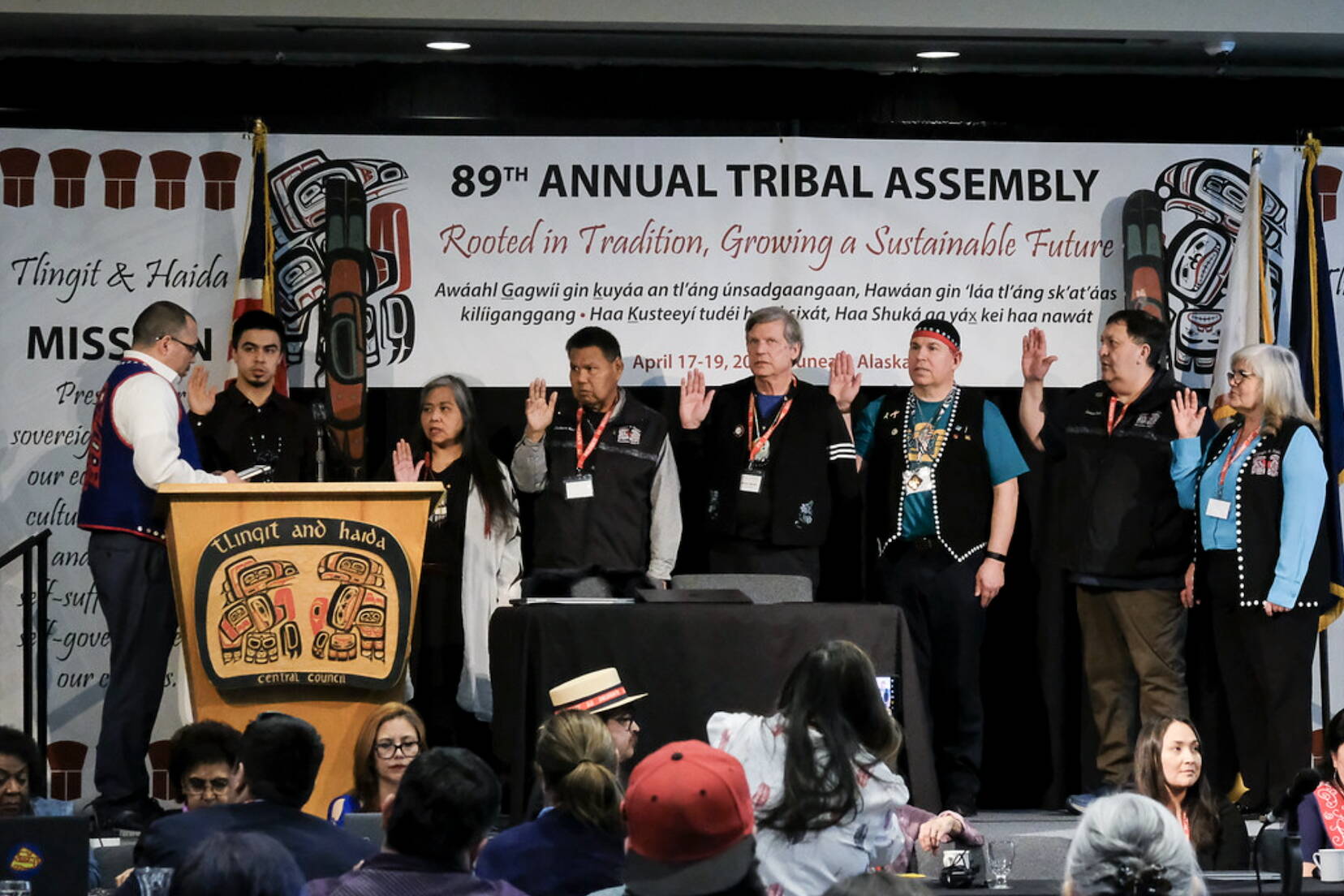 Newly elected tribal leaders are sworn in during the Central Council of the Tlingit and Haida Indian Tribes of Alaska’s 89th annual Tribal Assembly on Thursday at Elizabeth Peratrovich Hall. (Photo courtesy of the Central Council of the Tlingit and Haida Indian Tribes of Alaska)