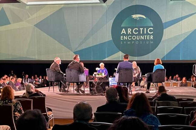 A panel on “Northern Indigenous Leadership: Our Future, Our Vision for Success,” is held at the Arctic Encounter Symposium on April 10 in Anchorage. (Joaqlin Estus/ICT)