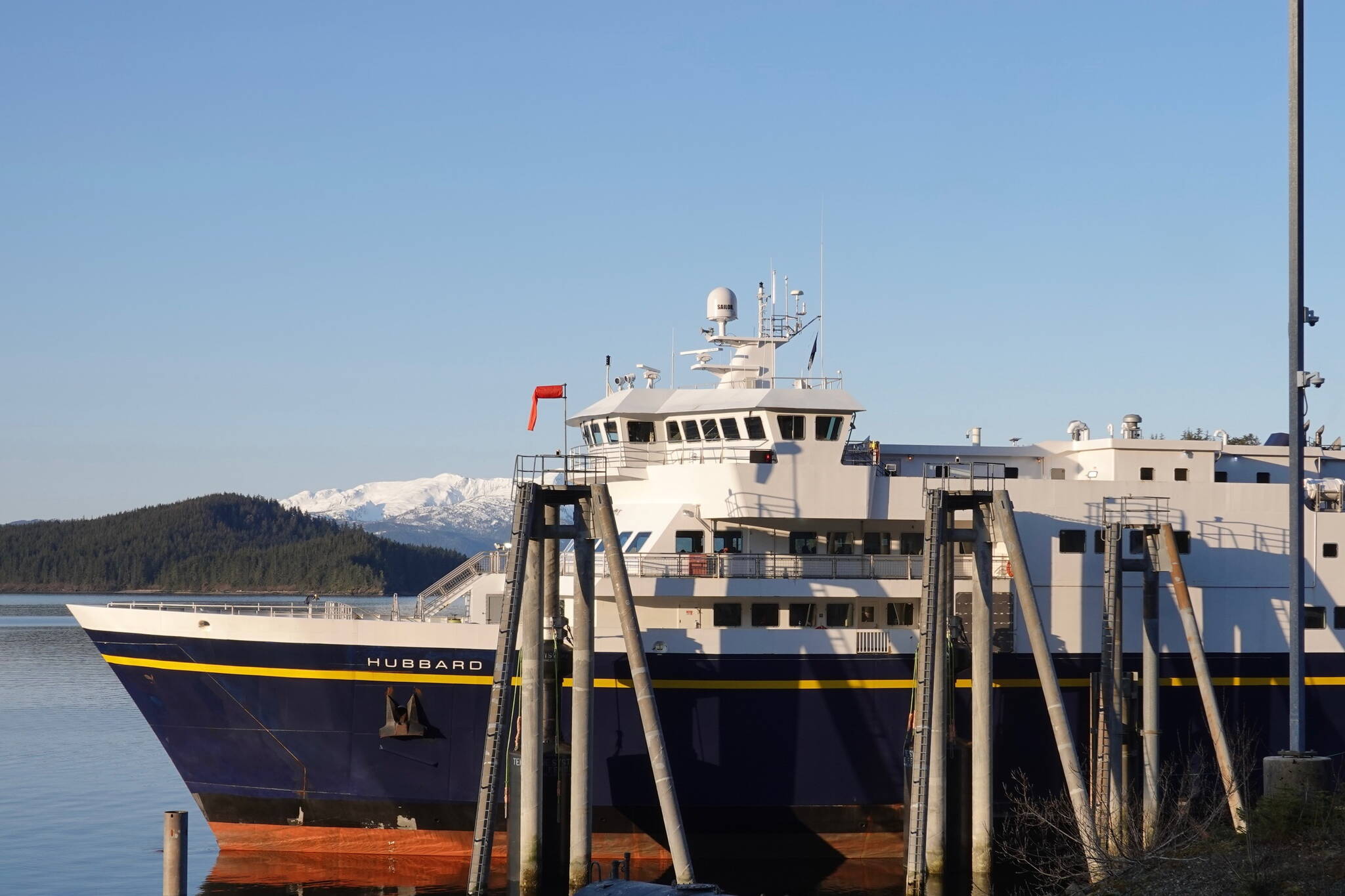 The Hubbard, the newest vessel in the Alaska Marine Highway System fleet, docks at the Auke Bay Ferry Terminal on April 18. It is generally scheduled to provide dayboat service between Juneau, Haines and Skagway. (Photo by Laurie Craig)